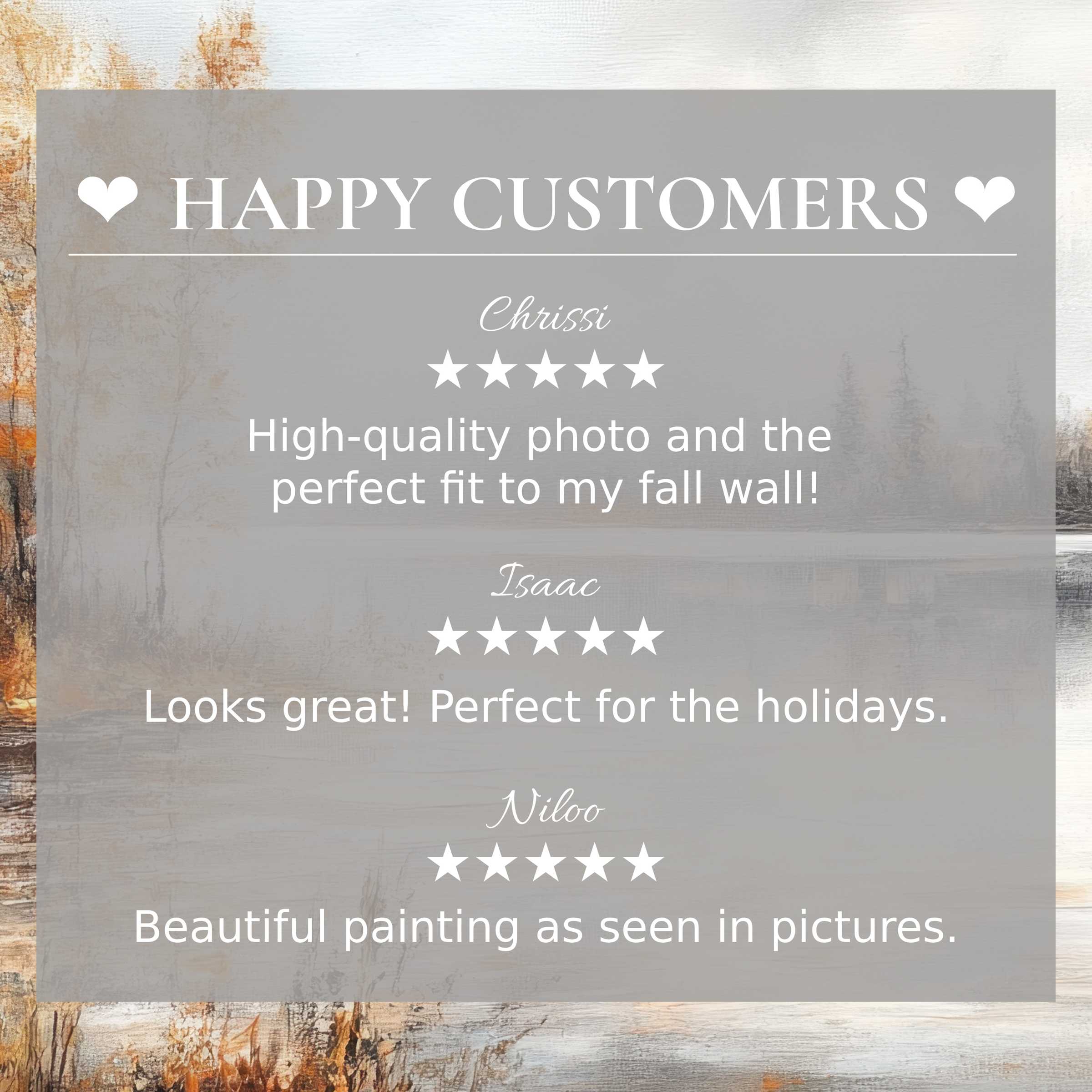 Fall art for Frame TV with abstract sunset hues; happy customer reviews highlight trust and refined aesthetic appeal