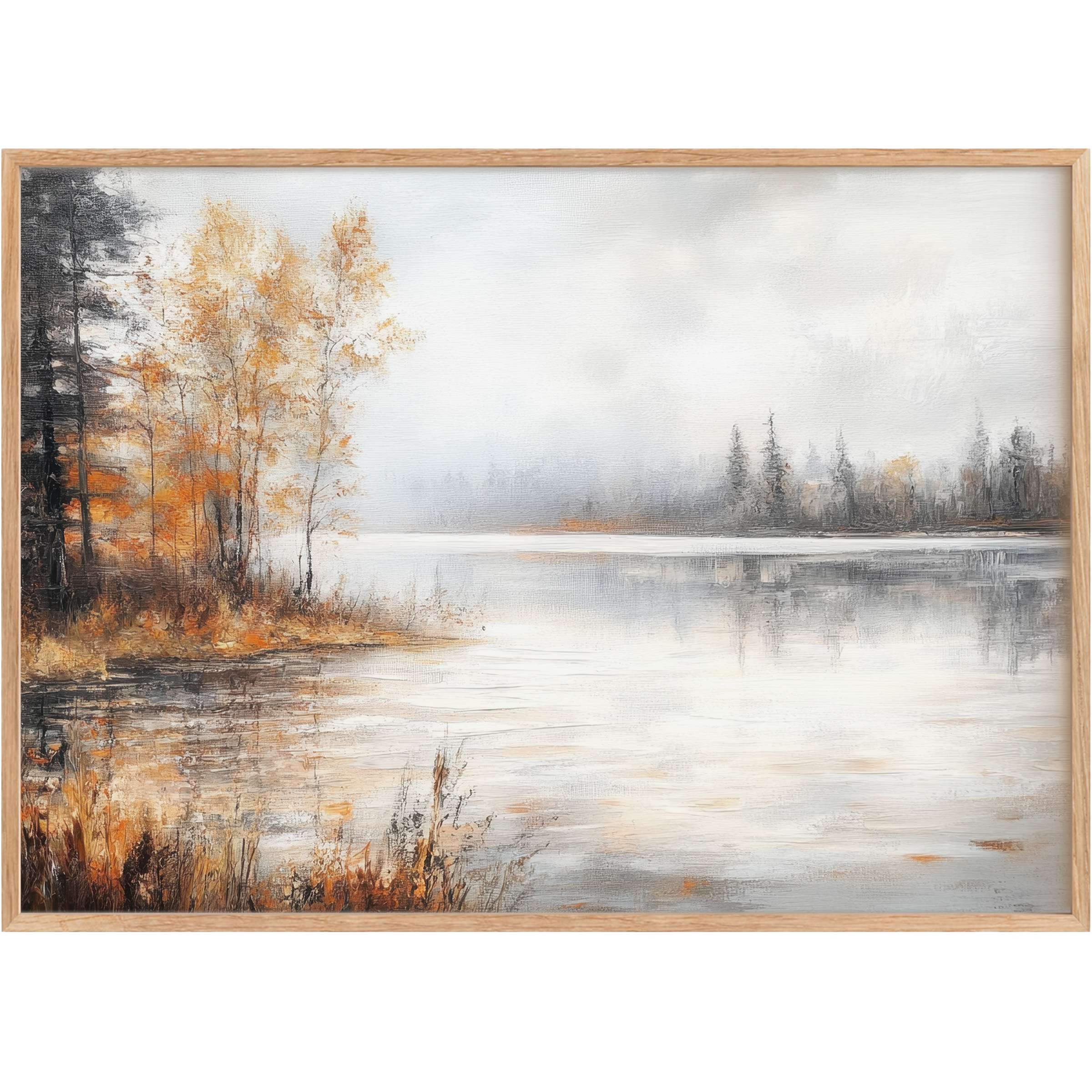 Serene fall printable wall art featuring misty lakeside with warm amber and soft gray tones, evoking tranquil, contemplative elegance