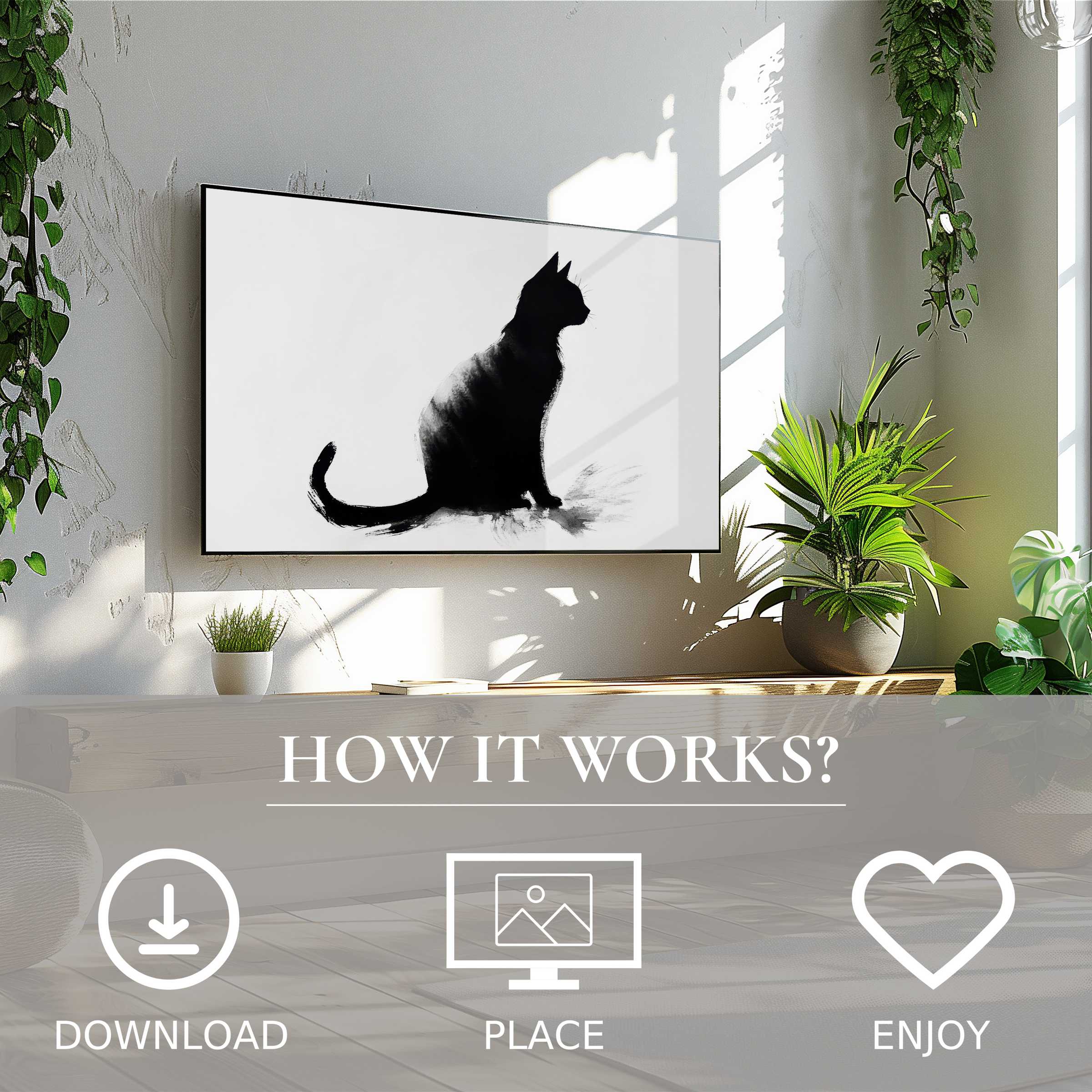 Black and white art for Samsung TV: digital download of sleek cat silhouette enriches modern living spaces effortlessly
