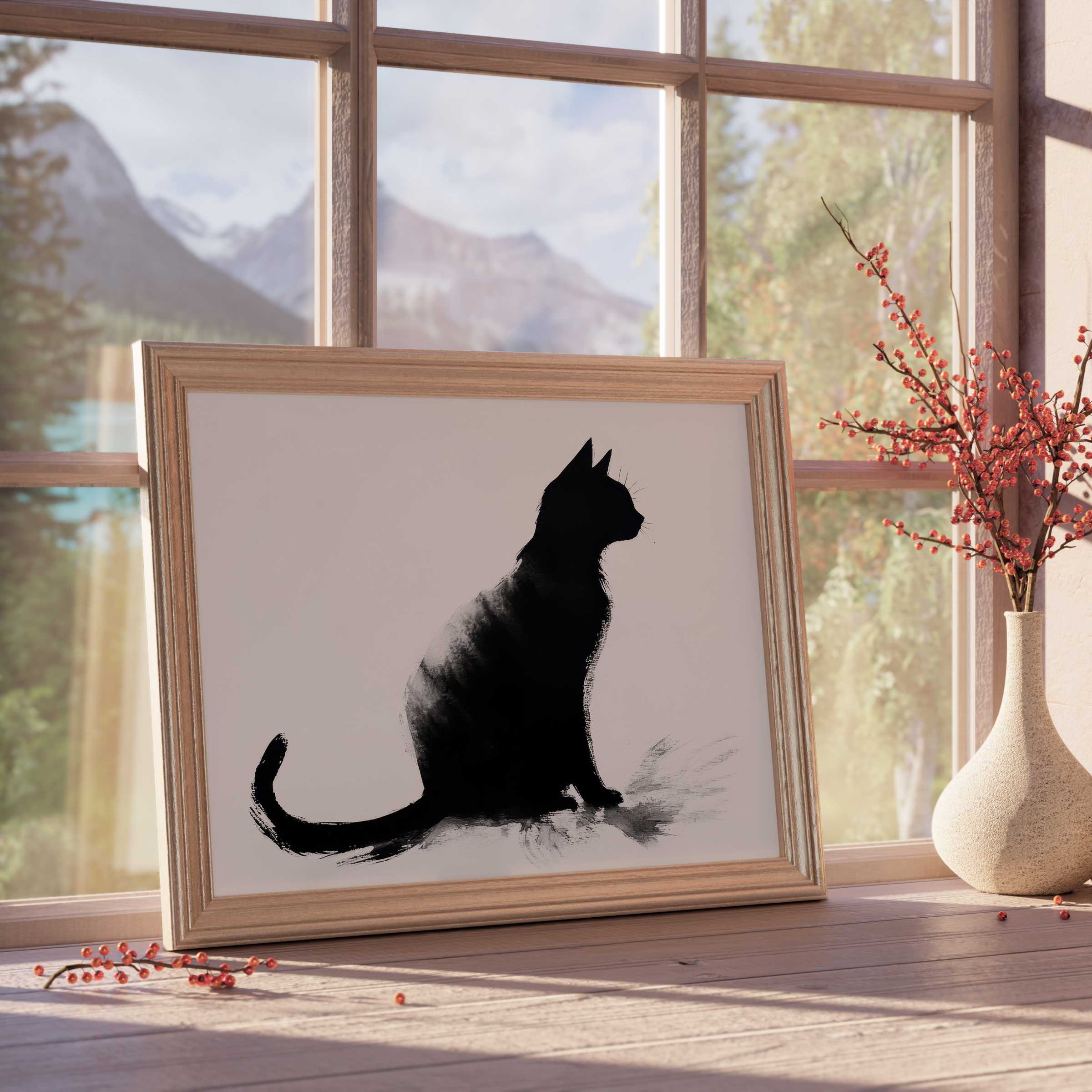 Black and white downloadable art of a serene cat silhouette, enhancing tranquil, curated interiors with refined elegance