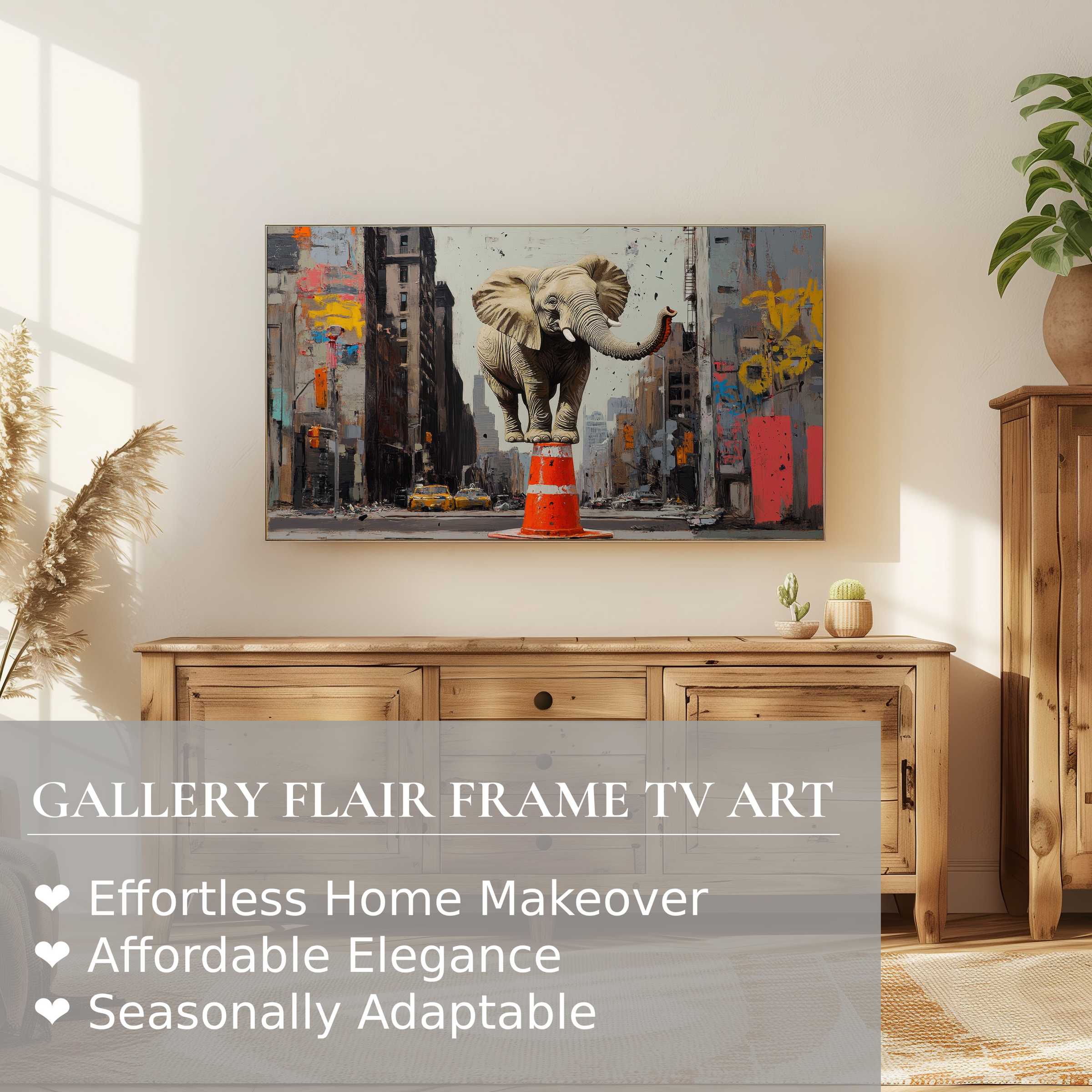 Modern living room with Samsung Frame TV showcasing street art digital artwork of elephant on cone, urban chic style