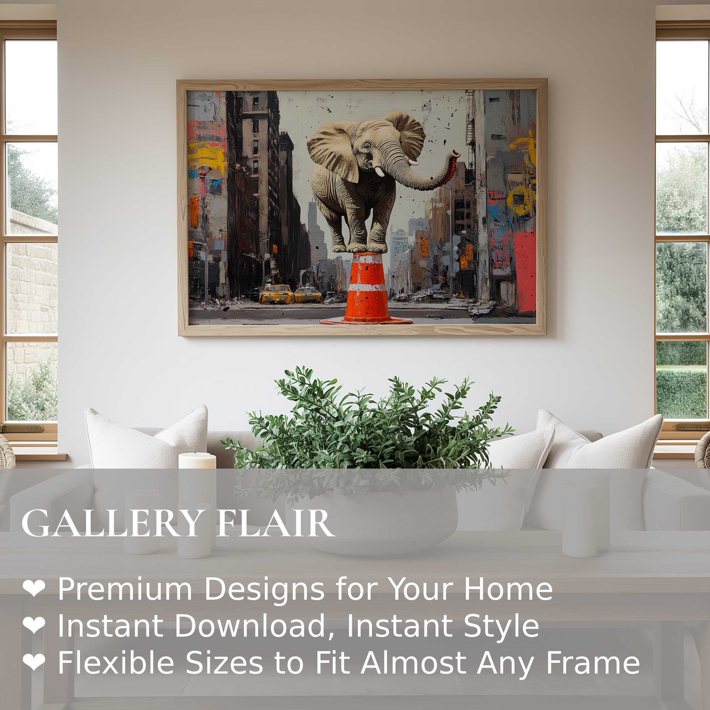 Bold street art wall art print featuring a whimsical elephant balancing on a traffic cone amid an urban cityscape, enhancing modern minimalist interiors with playful, contemporary edge and vibrant urban texture