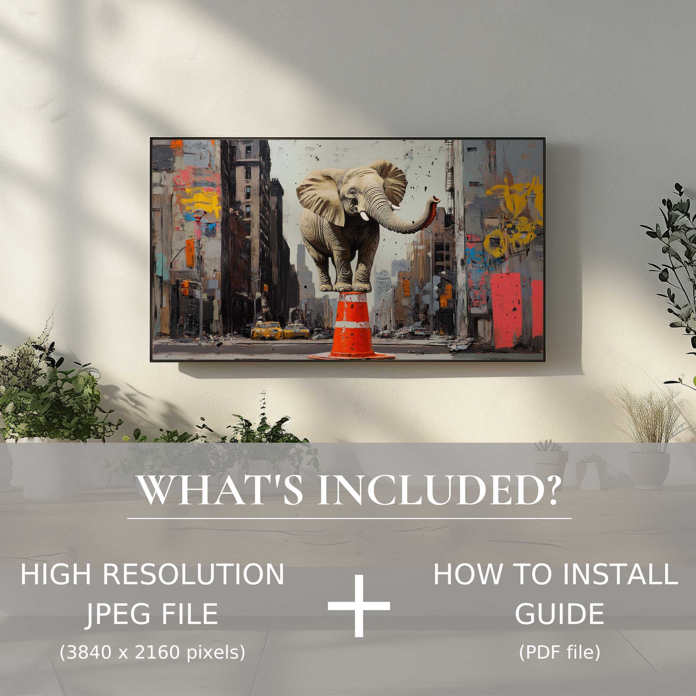 Modern living room showcasing street art digital TV art download with easy, stylish digital use enhancing space