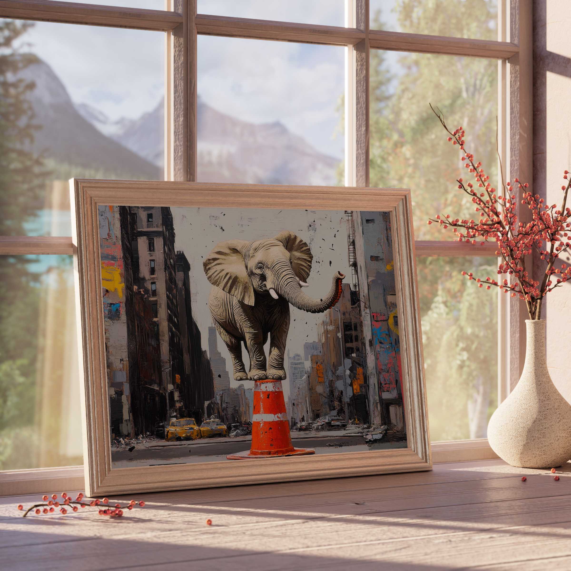 Street art downloadable art featuring a whimsical elephant balancing on a vibrant traffic cone, enriching curated, modern interiors with playful, urban charm