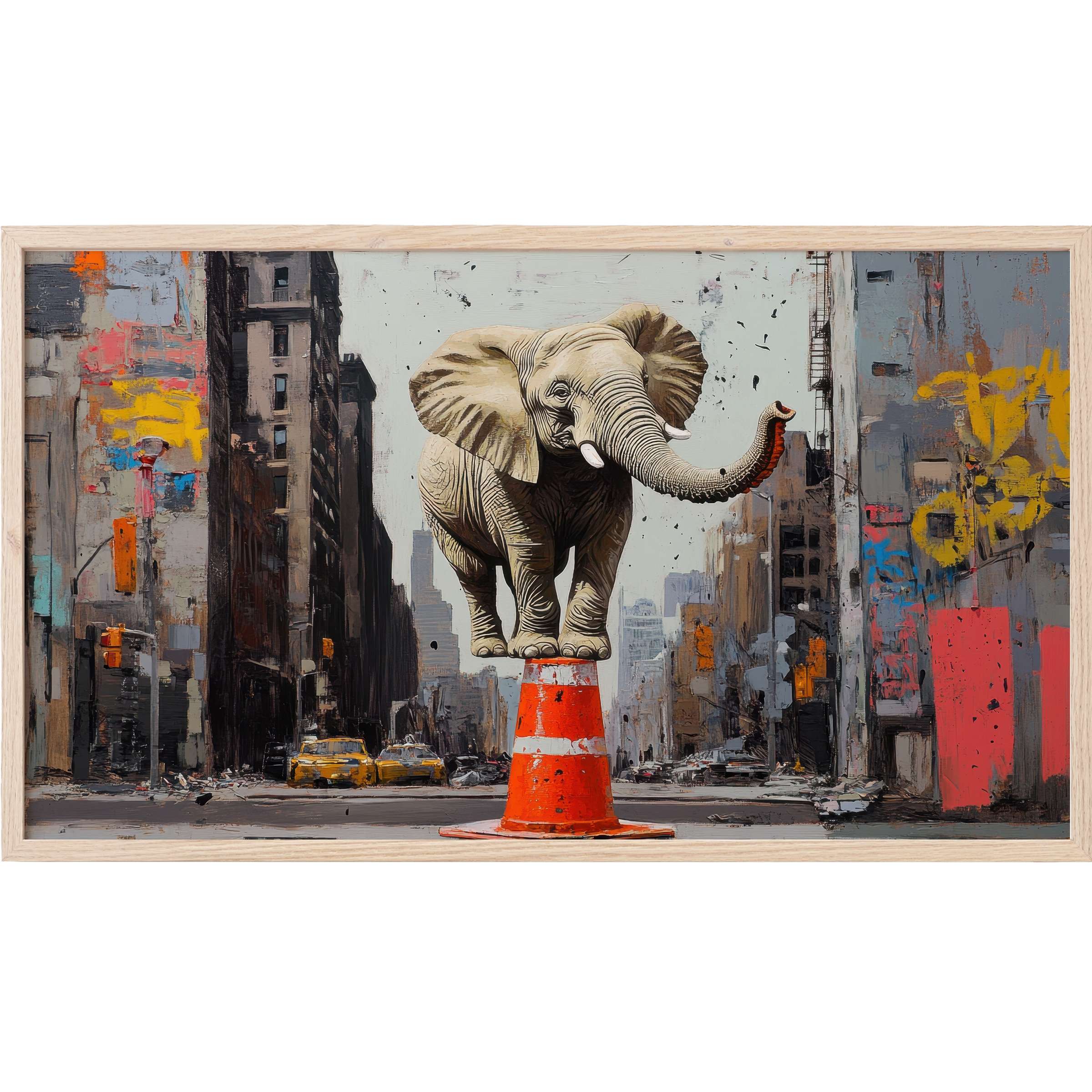 Street art Frame TV Art featuring a detailed elephant balancing on a bright orange cone in a muted urban cityscape