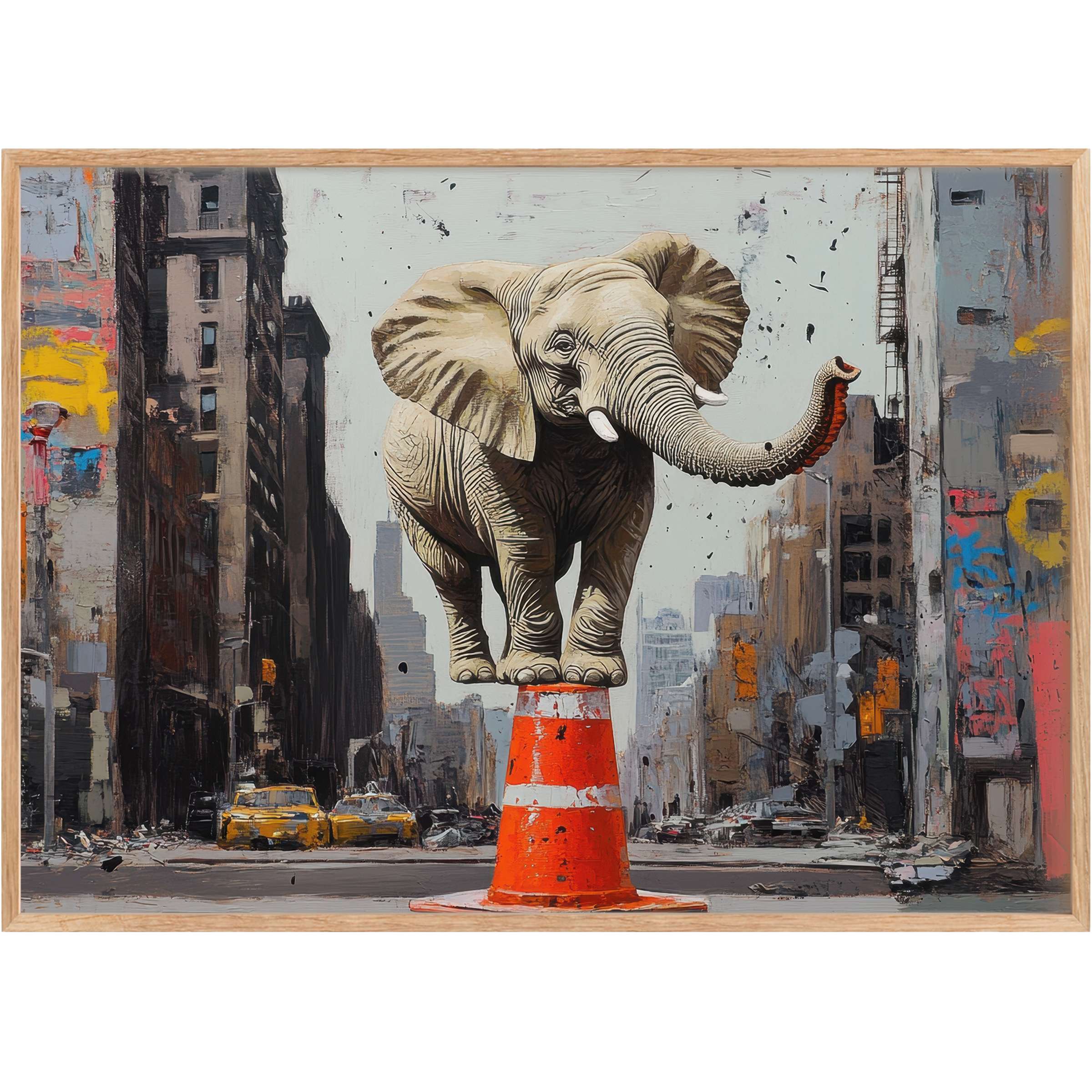 Playful street art printable wall art featuring a balancing elephant on vibrant orange cone, enlivening urban grays with bold whimsy