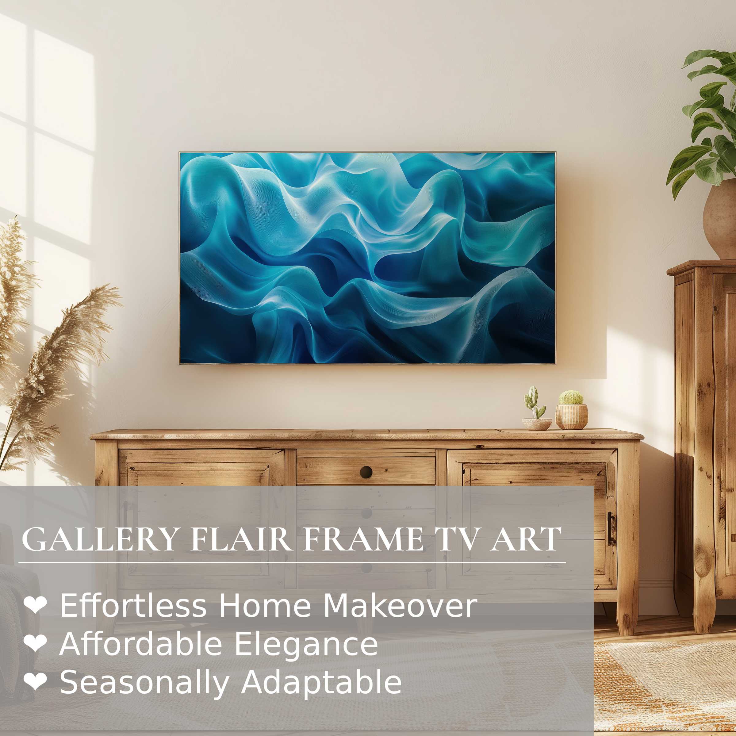 Modern living room with warm wood tones, Samsung Frame TV displaying elegant abstract digital artwork in serene blues
