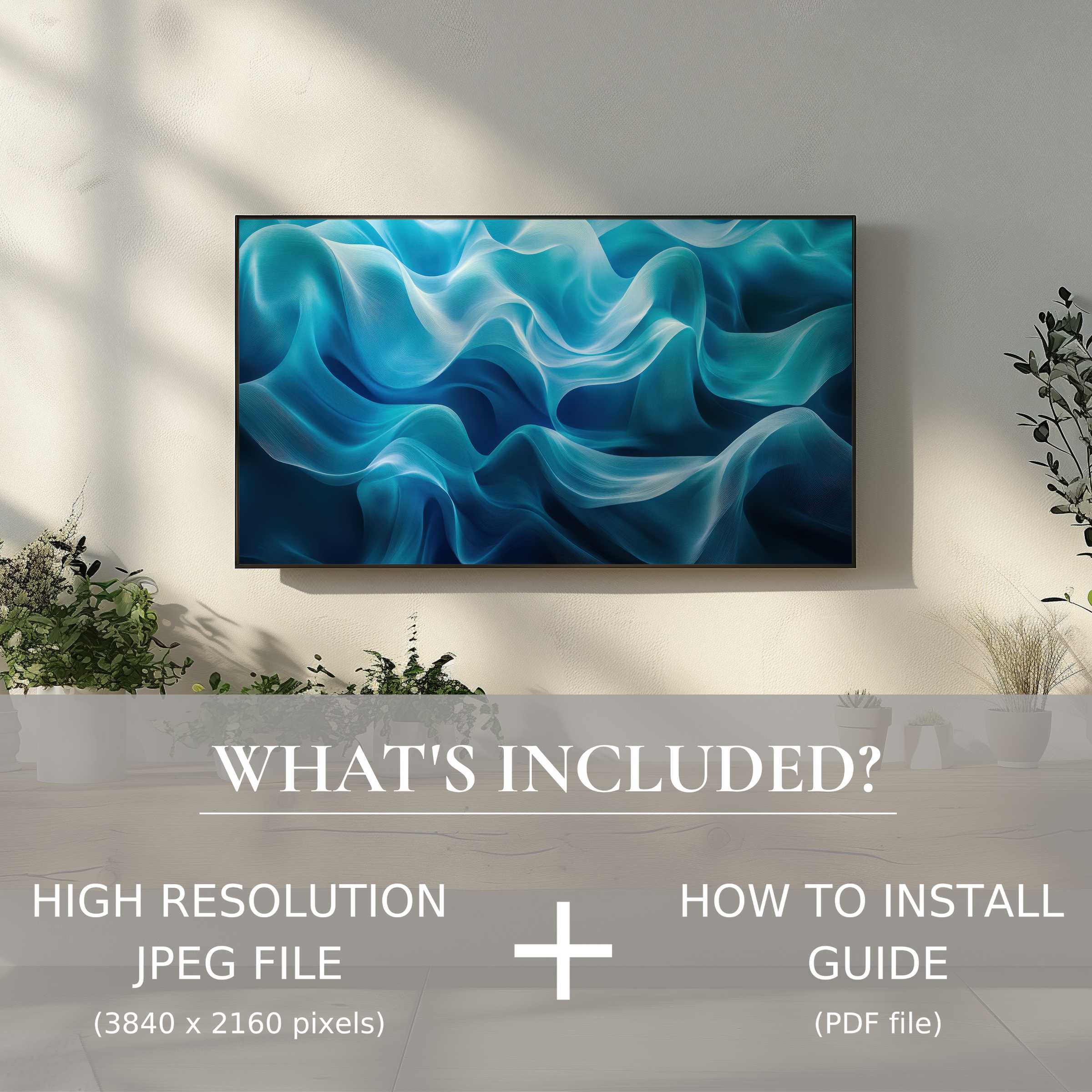 Elegant living room featuring an abstract digital TV art download, enhancing ambiance with easy digital use