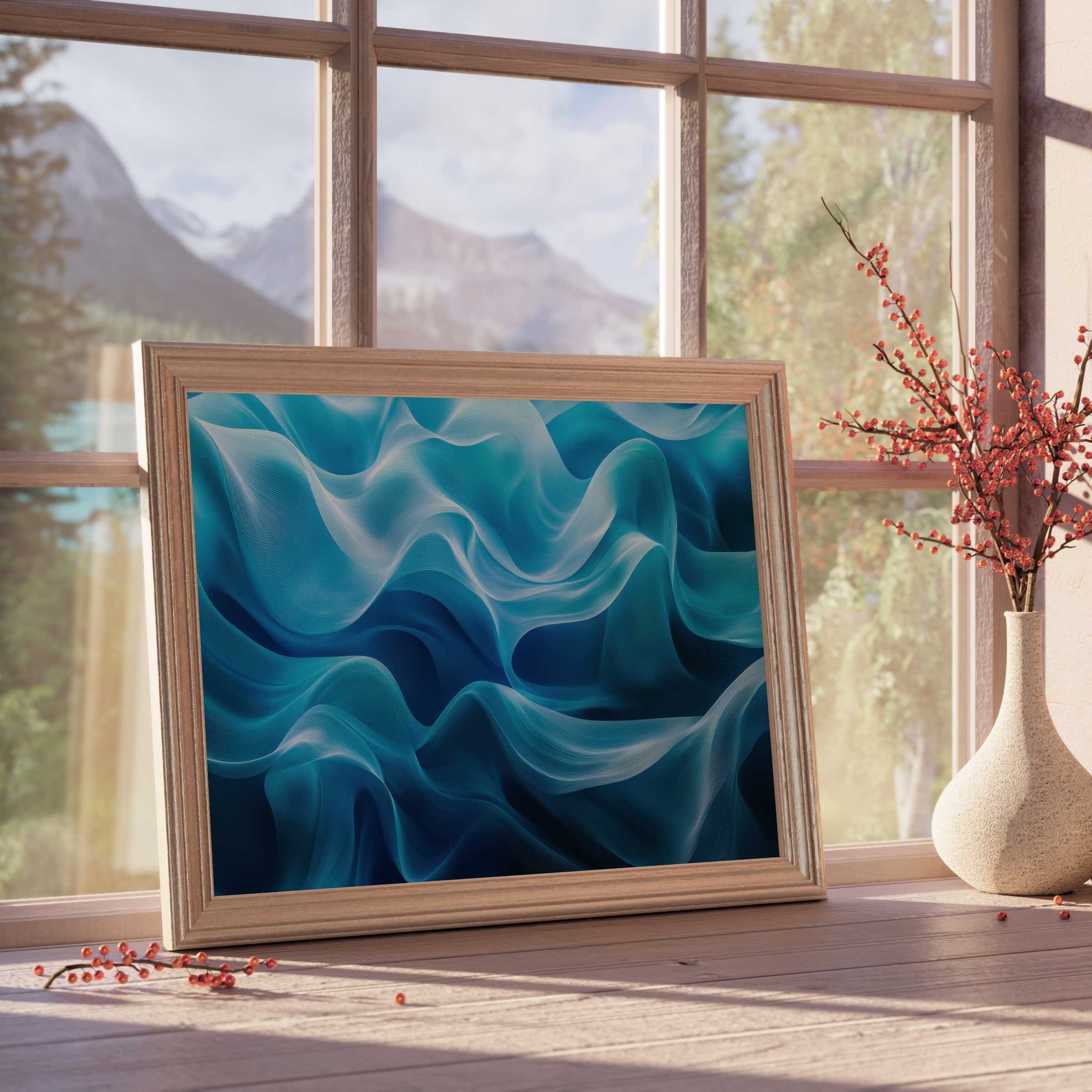 Ethereal abstract downloadable art in deep ocean blues, flowing like silk to elevate curated, tranquil modern interiors