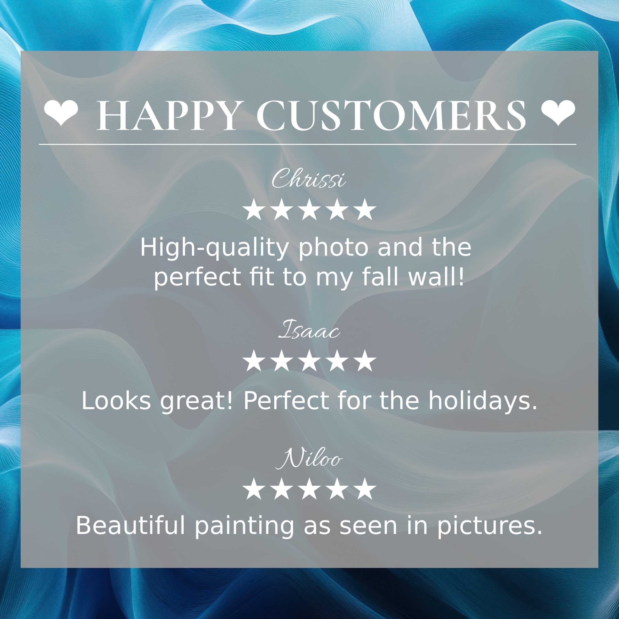 Trustworthy layout with happy customer reviews over elegant abstract art for Frame TV featuring soft blue wave hues