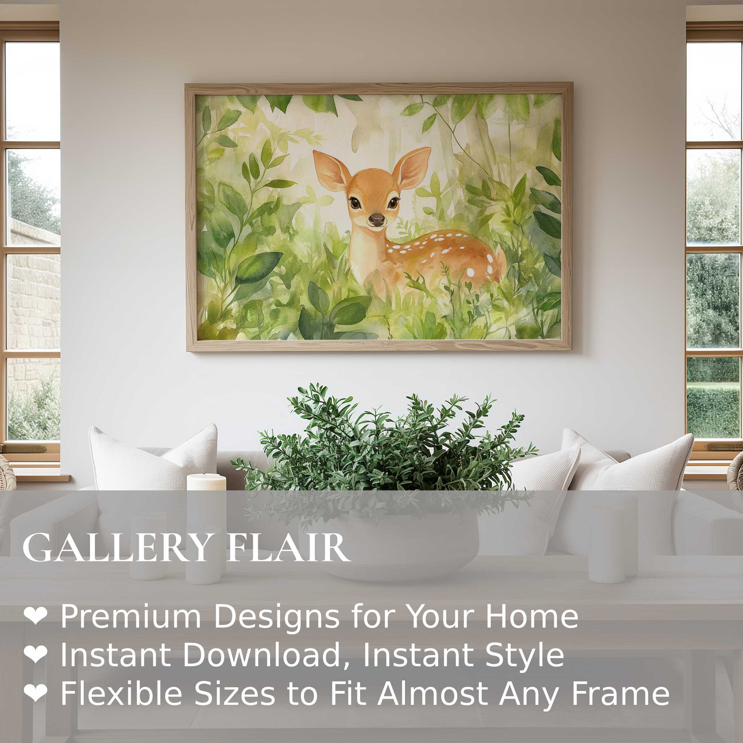 Nursery wall art print depicting a gentle fawn in lush greenery, adding serene charm to a modern, nature-inspired nursery décor