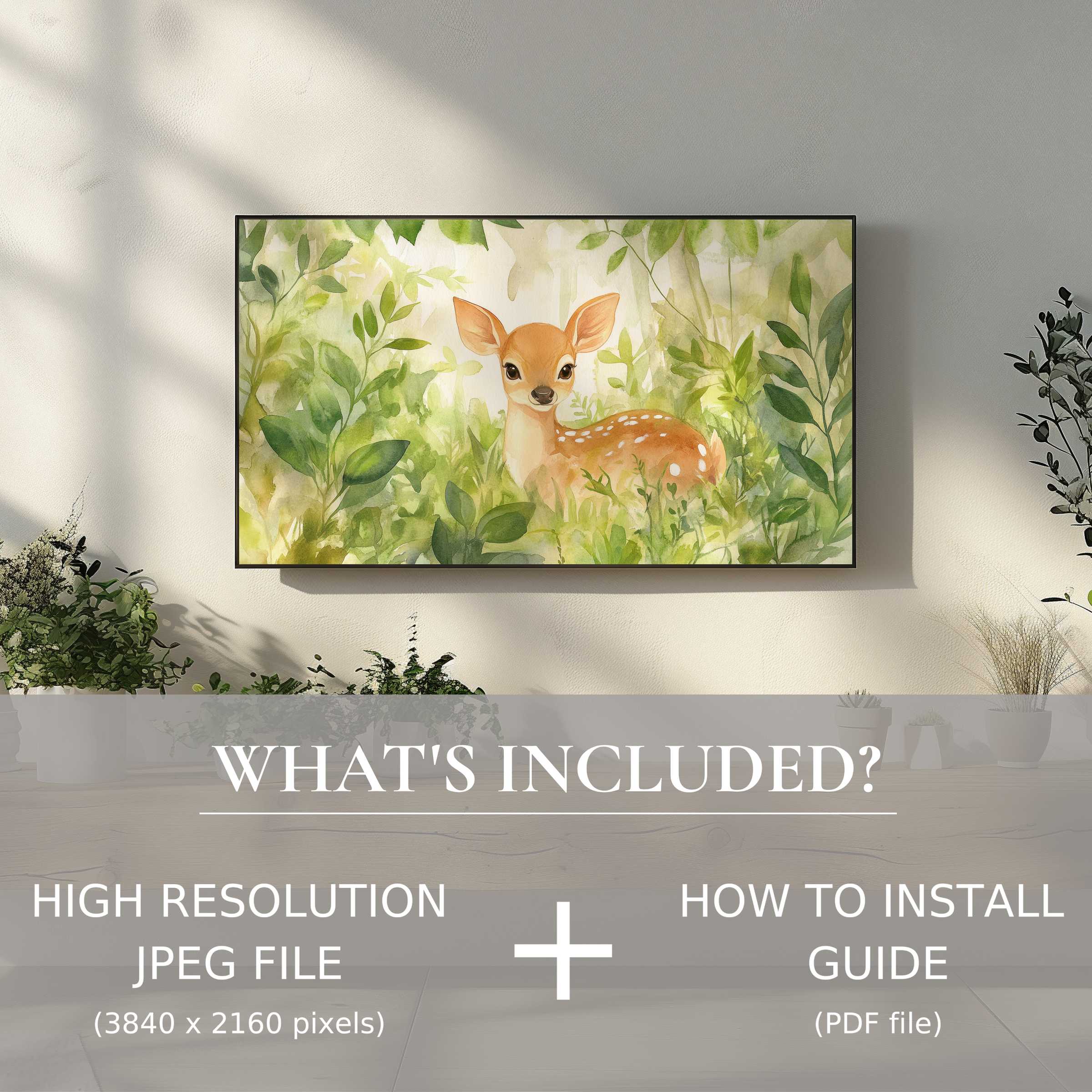Elegant nursery digital TV art download featuring a serene fawn, easy digital use, enhancing modern living space