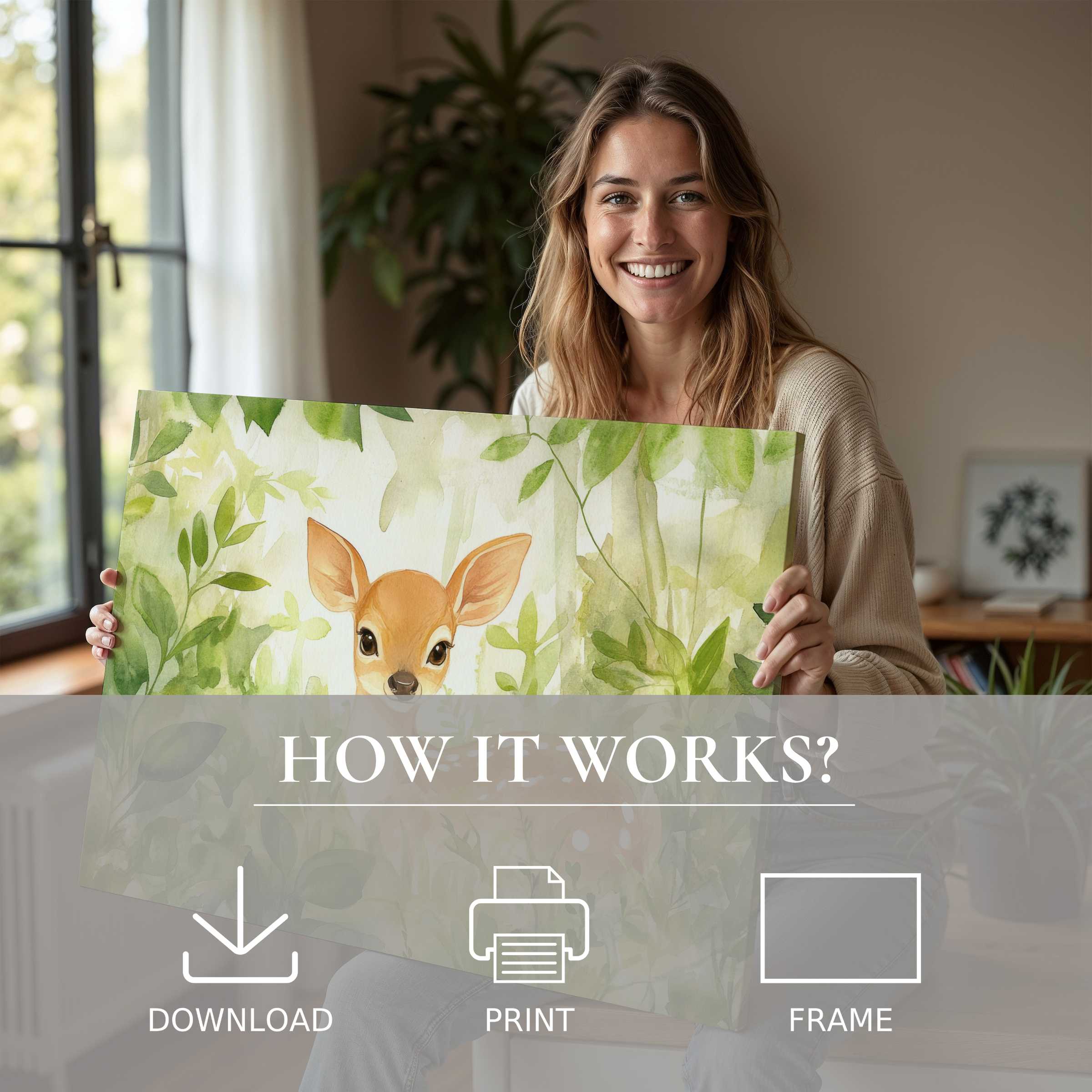 Radiant nursery digital art print featuring a gentle fawn in lush greens, evoking warmth and effortless elegance in a serene modern home