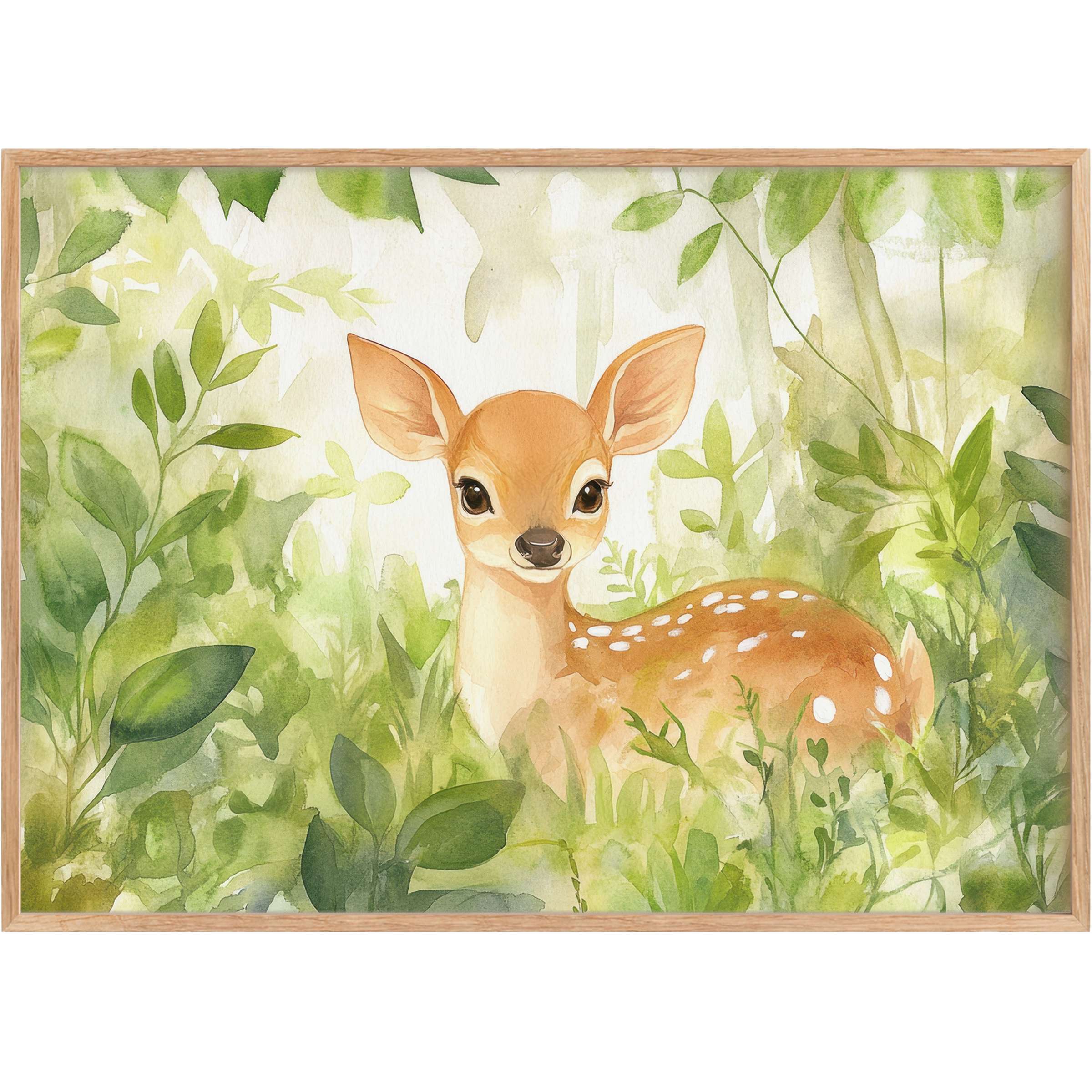 Charming nursery printable wall art capturing a serene fawn nestled in lush green foliage, evoking gentle warmth and tranquility