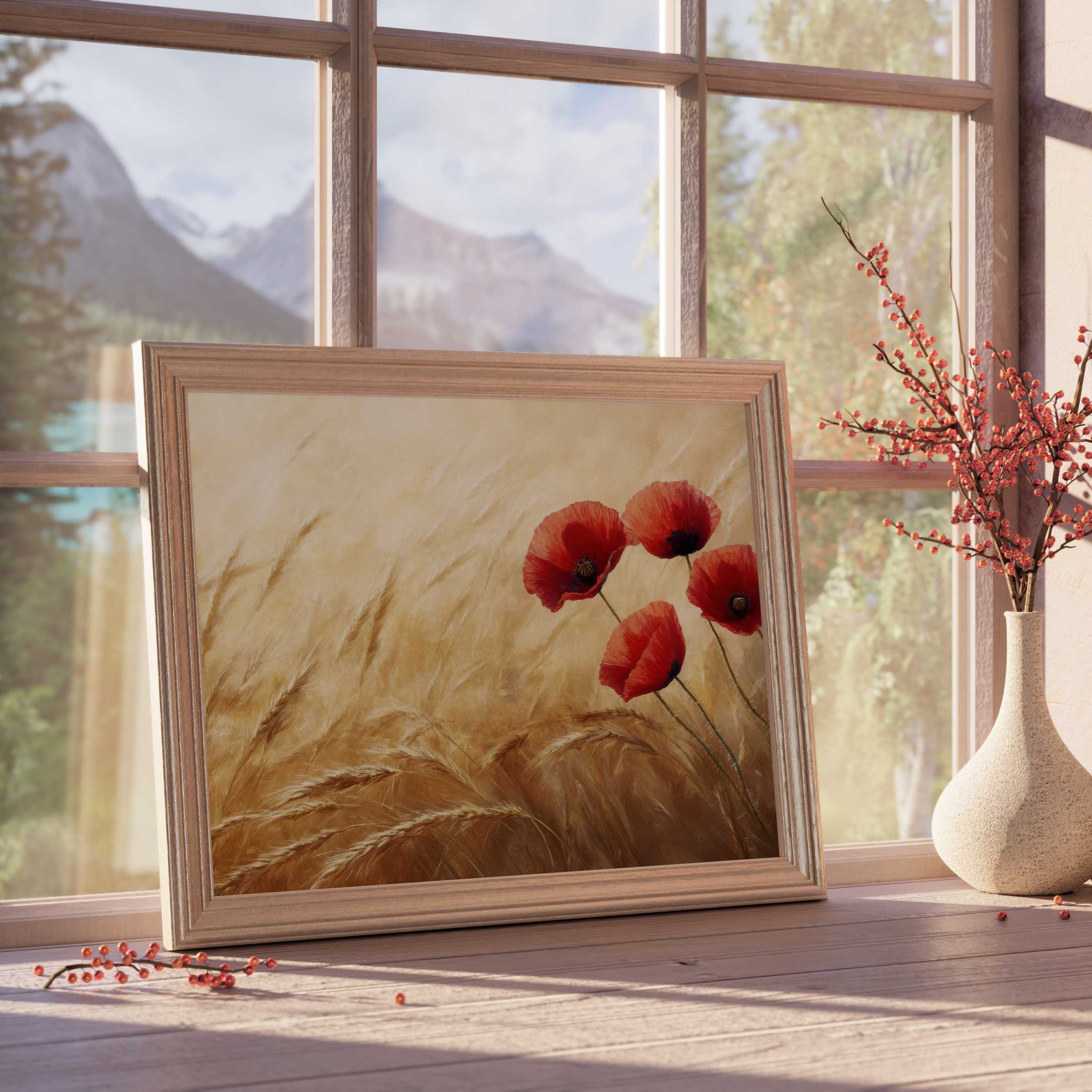 Elegant floral downloadable art featuring vibrant red poppies and golden wheat, enriching serene, design-forward interiors
