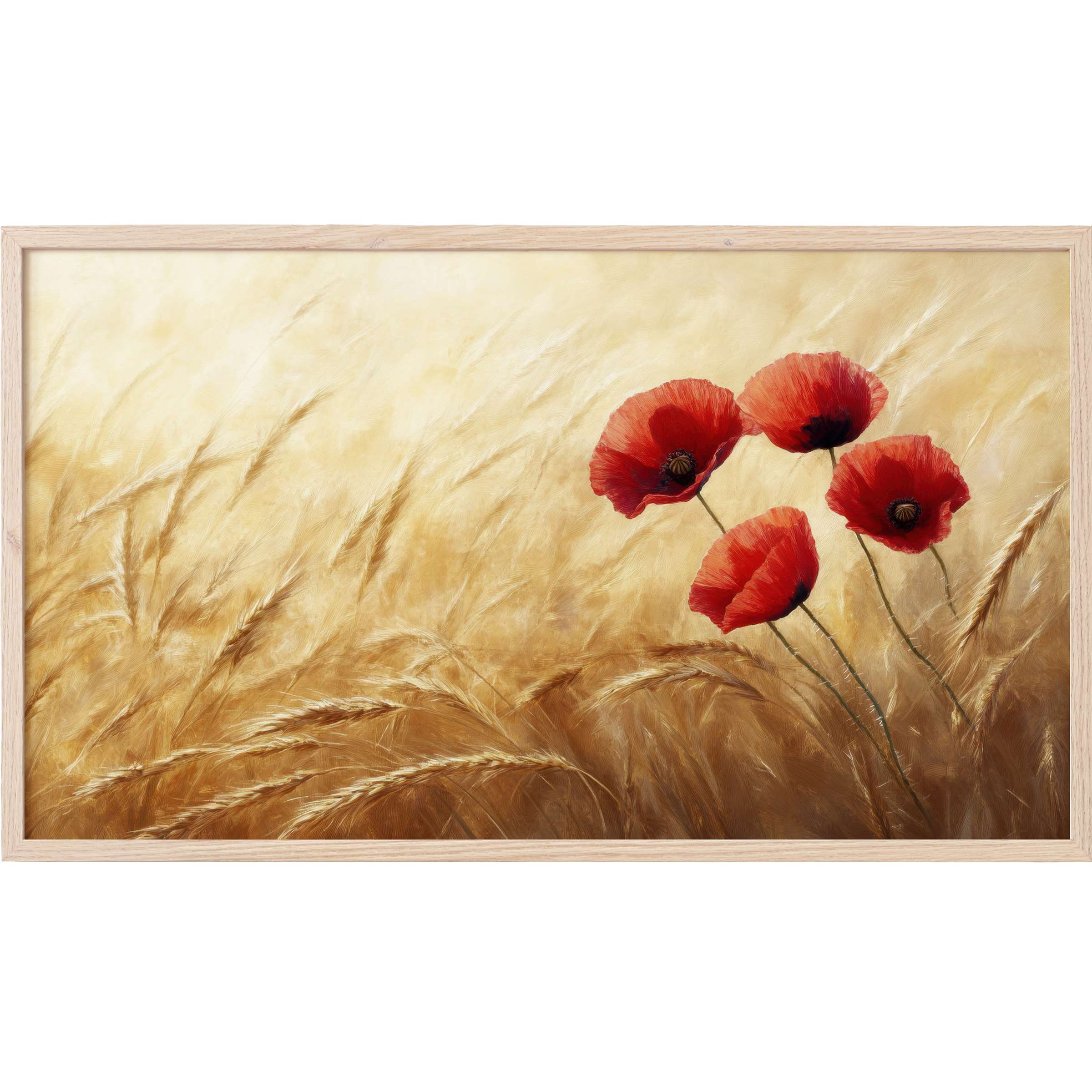 Floral Frame TV Art featuring delicate red poppies against a warm, golden wheat field in soft, elegant tones