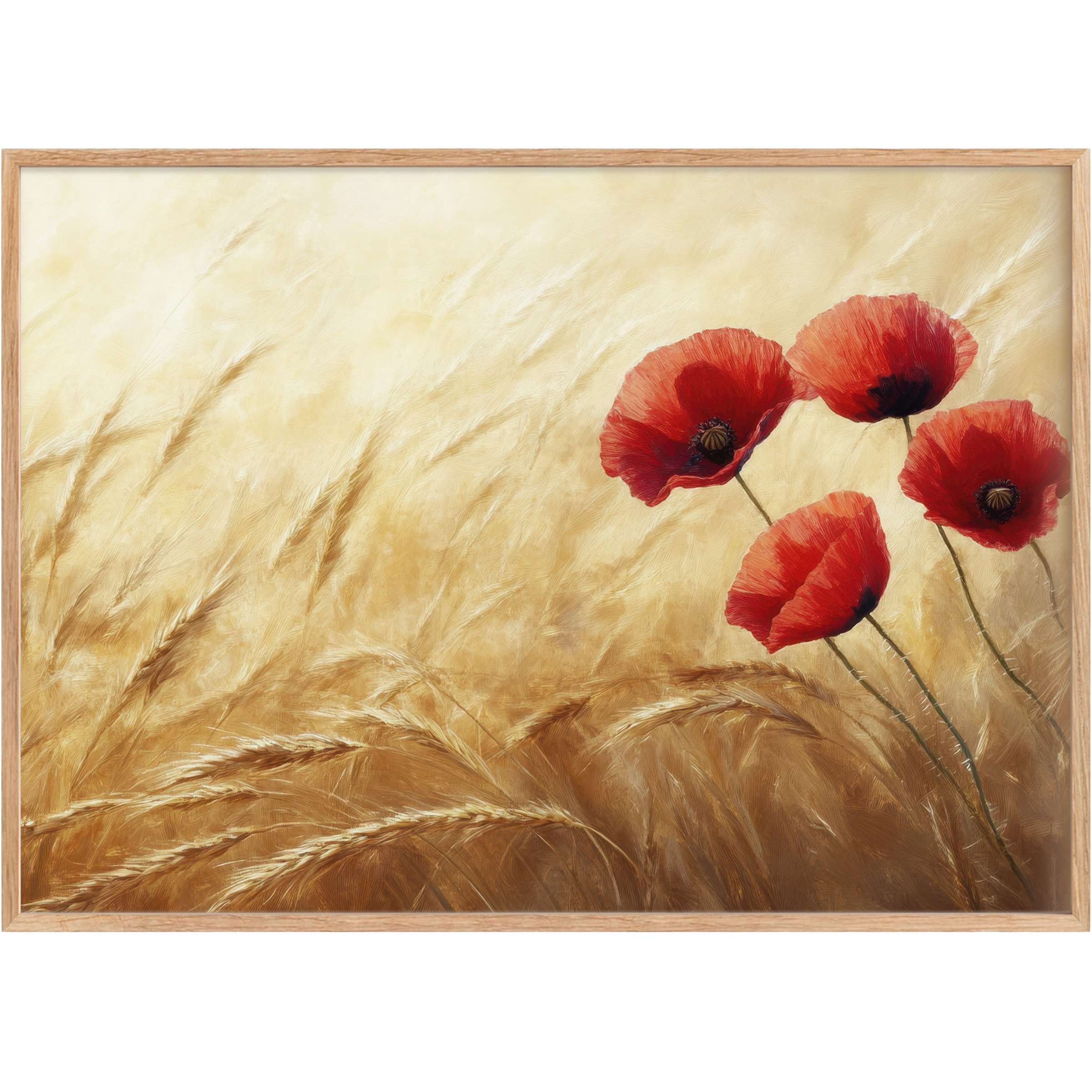 Soft golden wheat fields meet vibrant red blooms in this floral printable wall art, evoking a warm, serene ambiance