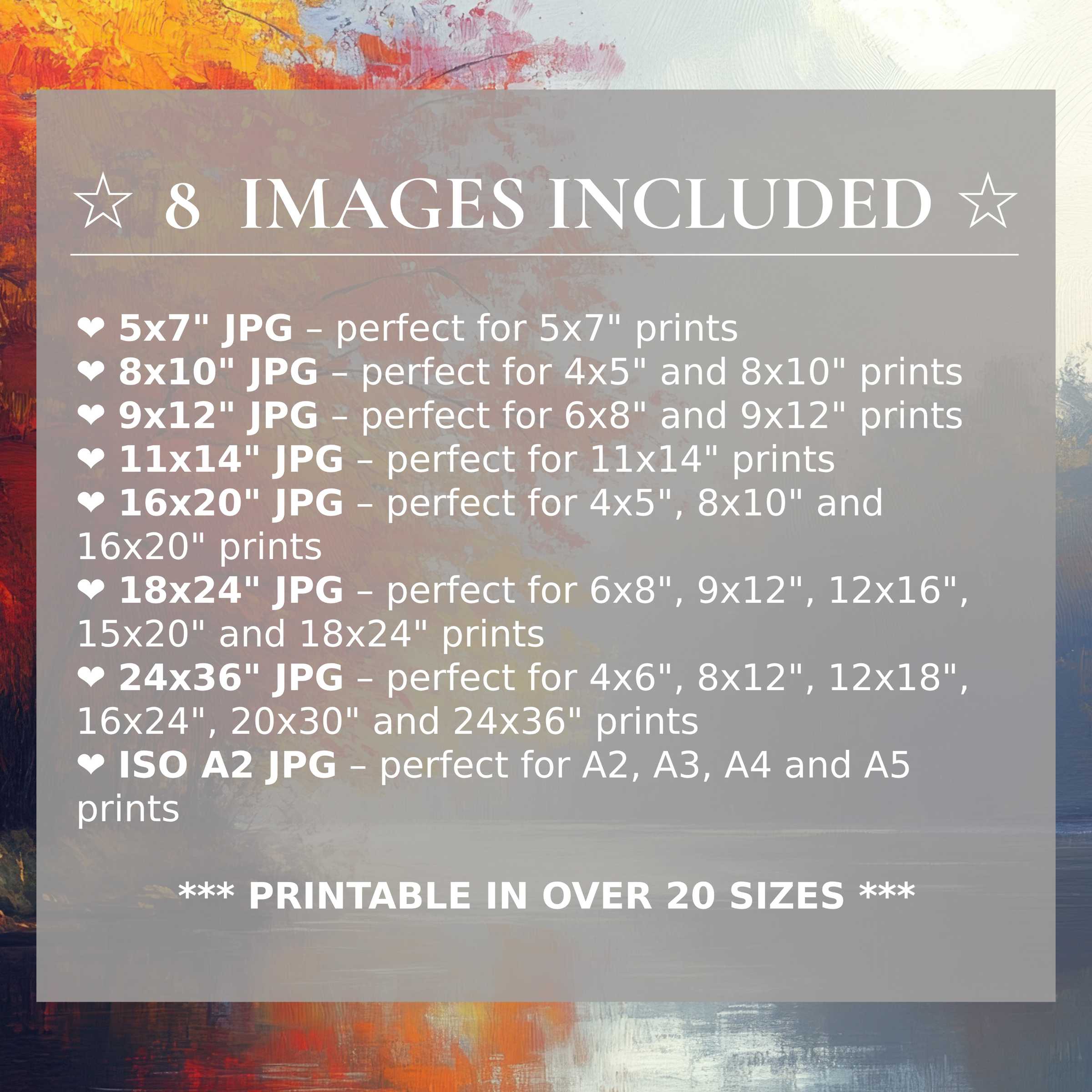 Print size guide showing 8 included JPG formats for versatile wall art printing – perfect for framing in popular sizes from 5x7 to 24x36 and A2