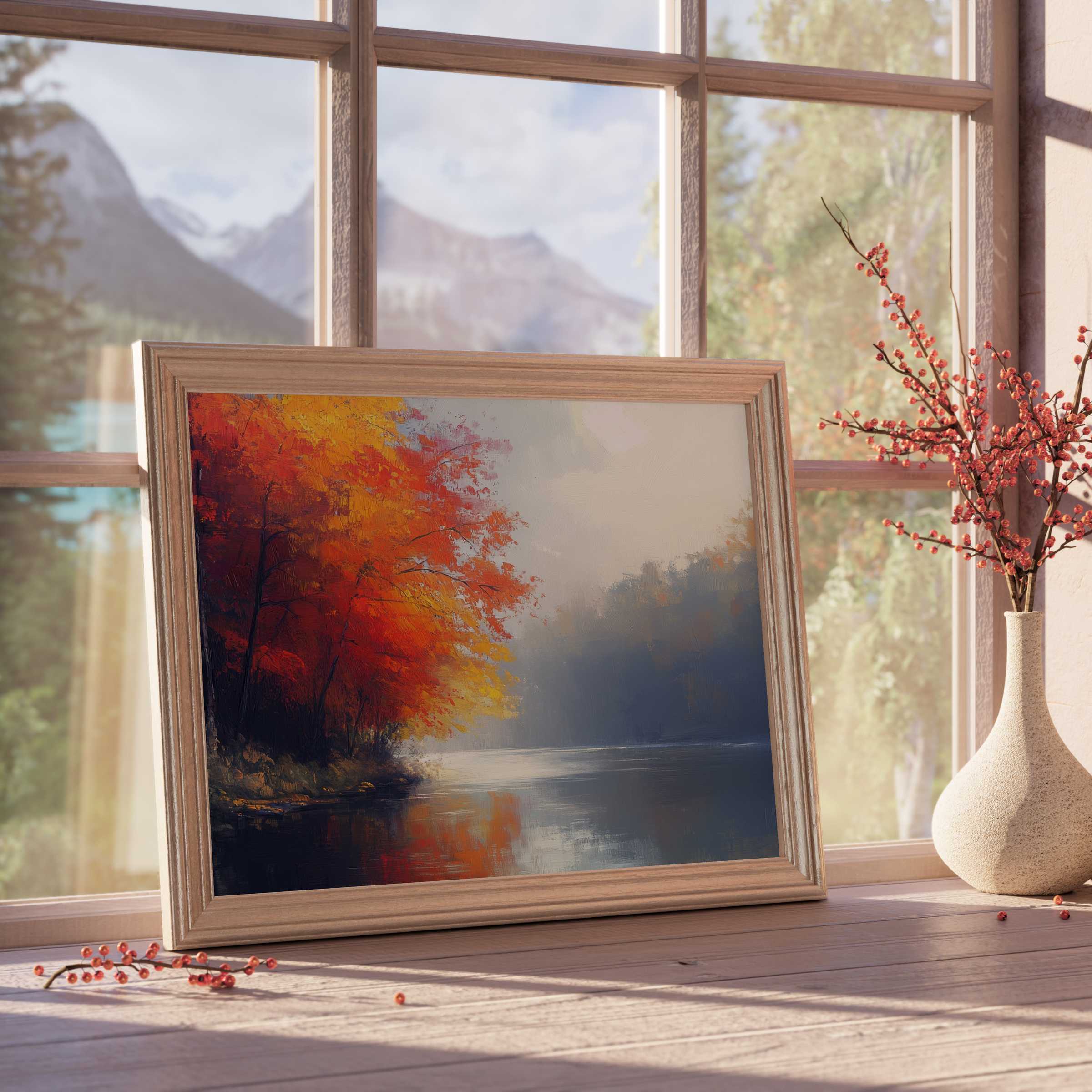 Enchanting tree downloadable art capturing vibrant autumn hues and serene water reflections, perfect for elevating tranquil, design-forward interiors