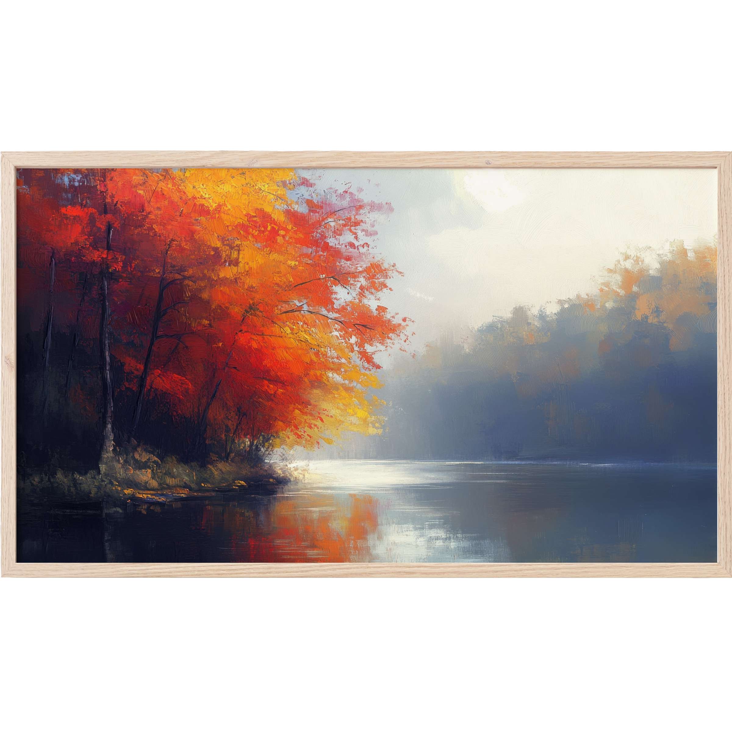 Autumn glow with fiery red and orange leaves by a reflective lake, serene tree Frame TV Art in soft brushstrokes