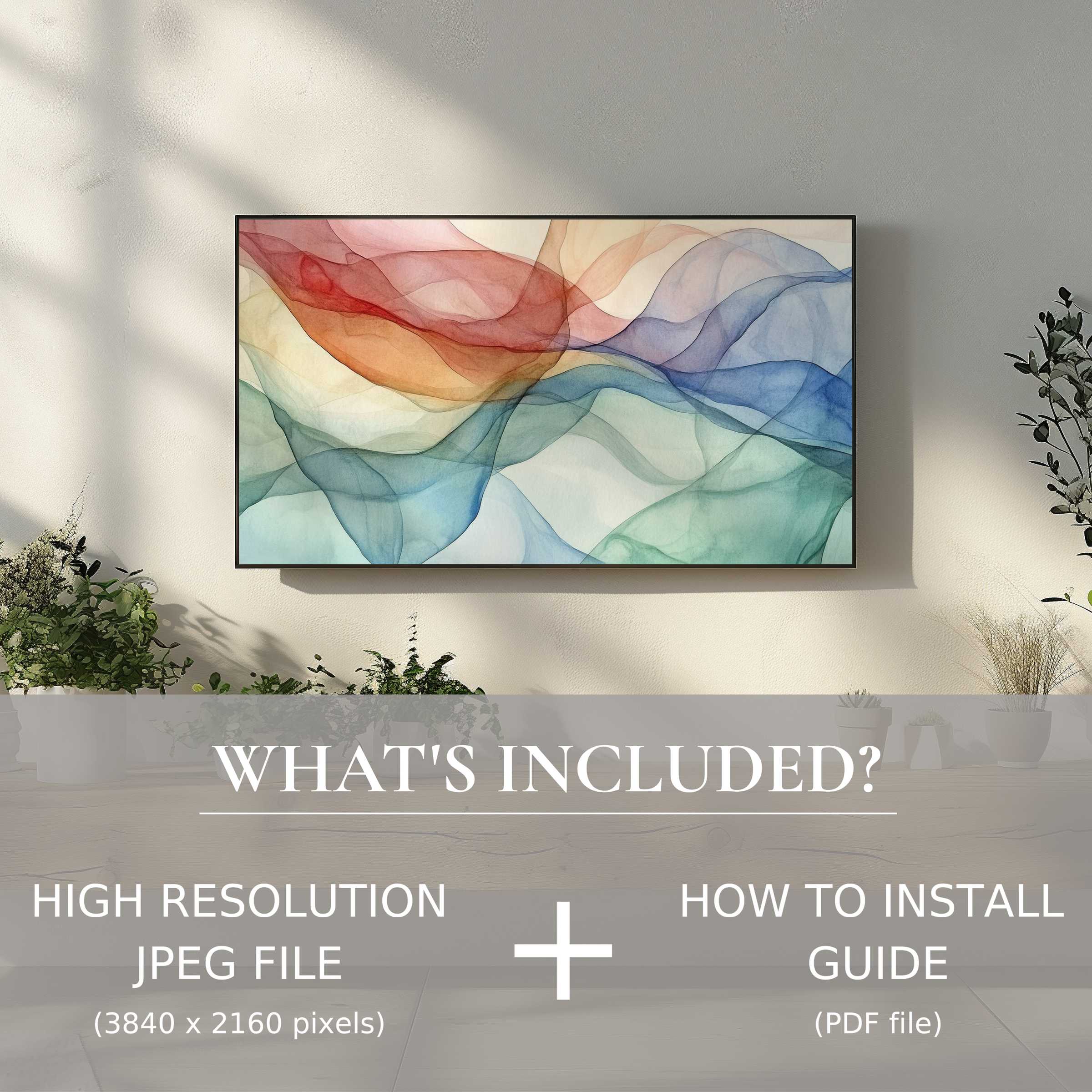 Elegant modern digital TV art download, effortless to use, enhancing living spaces with vibrant, flowing abstract design