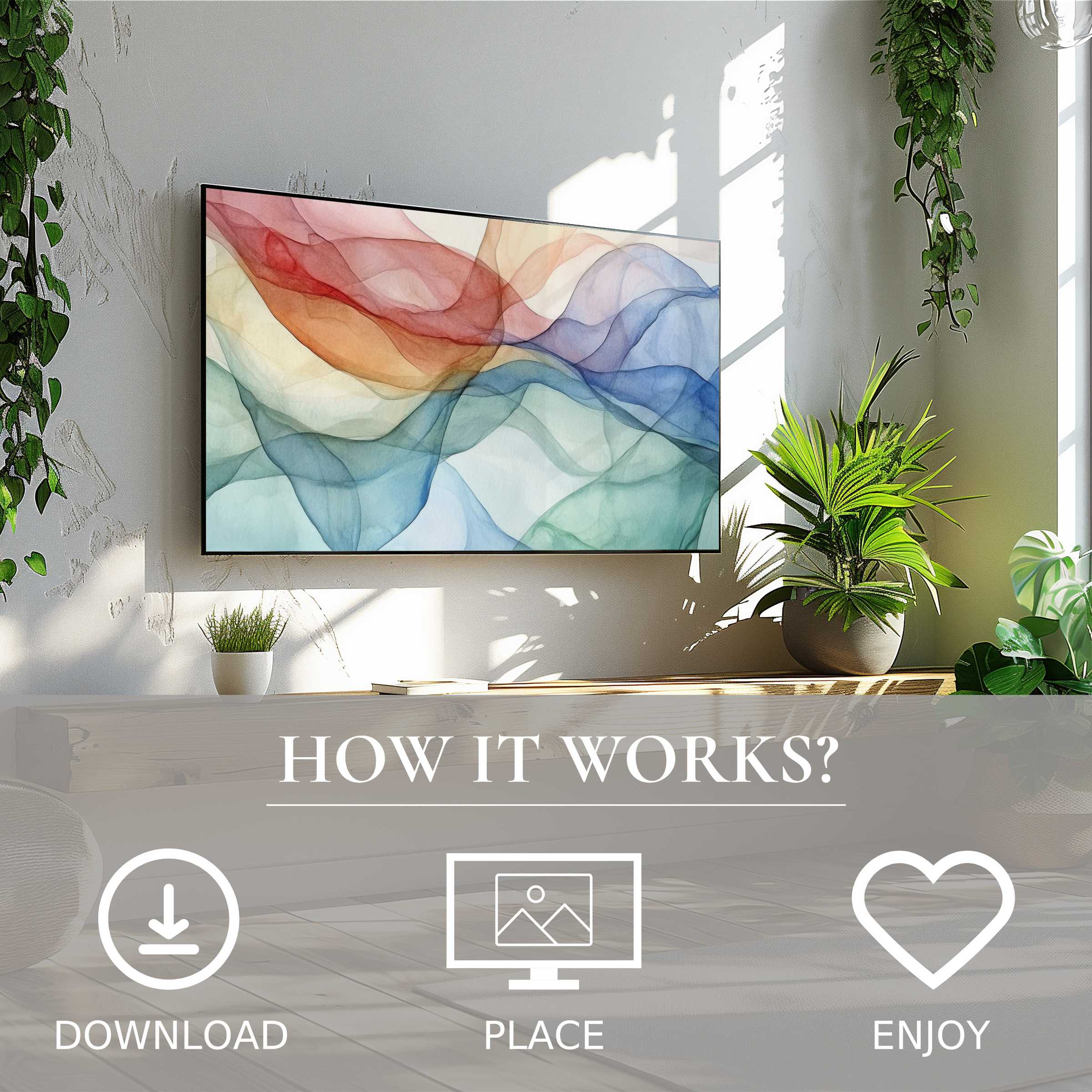 Modern art for Samsung TV showing soft color flow; easy digital download enriches your living space with style