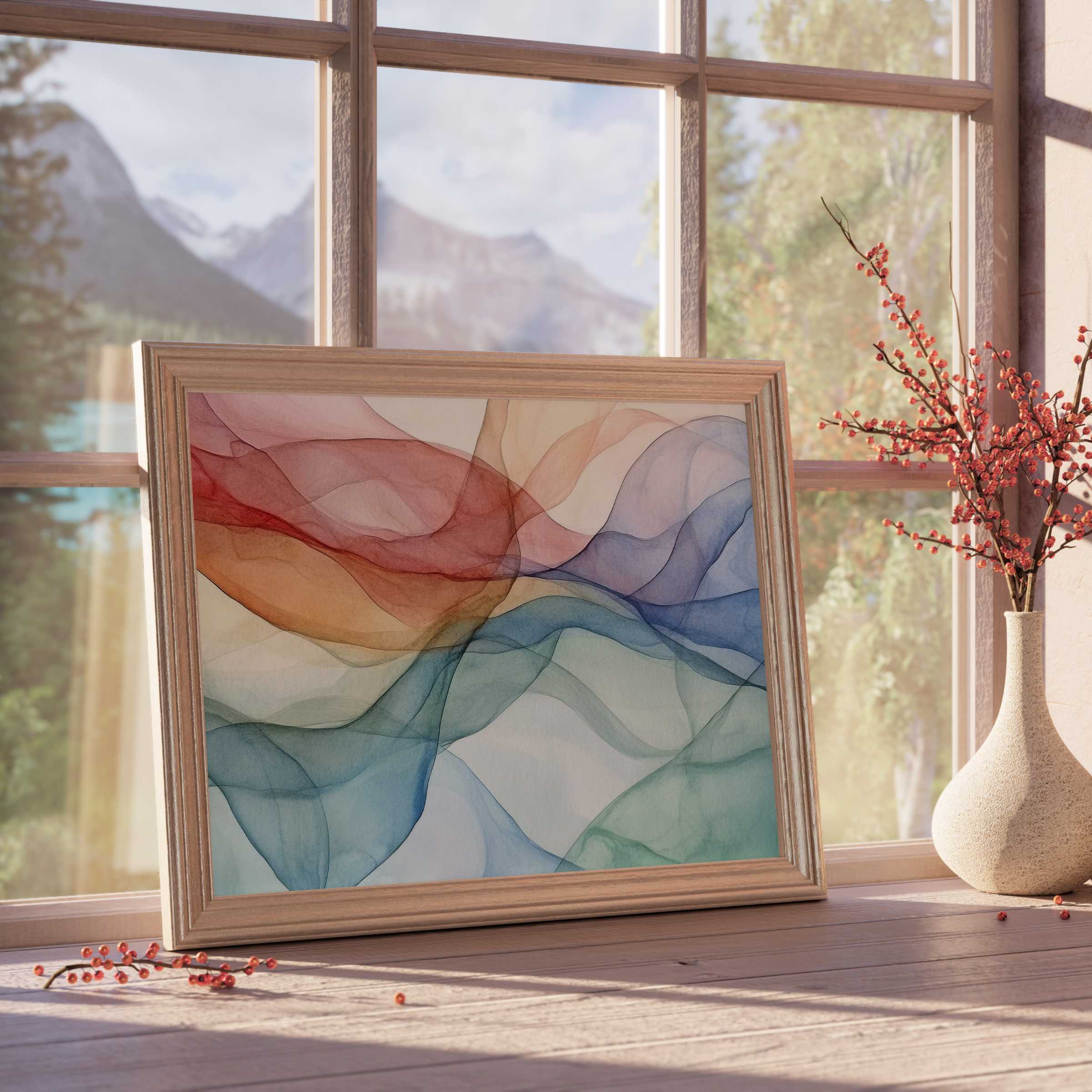 Modern downloadable art featuring ethereal waves of warm reds, blues, and greens, perfect for elevating tranquil, design-forward interiors