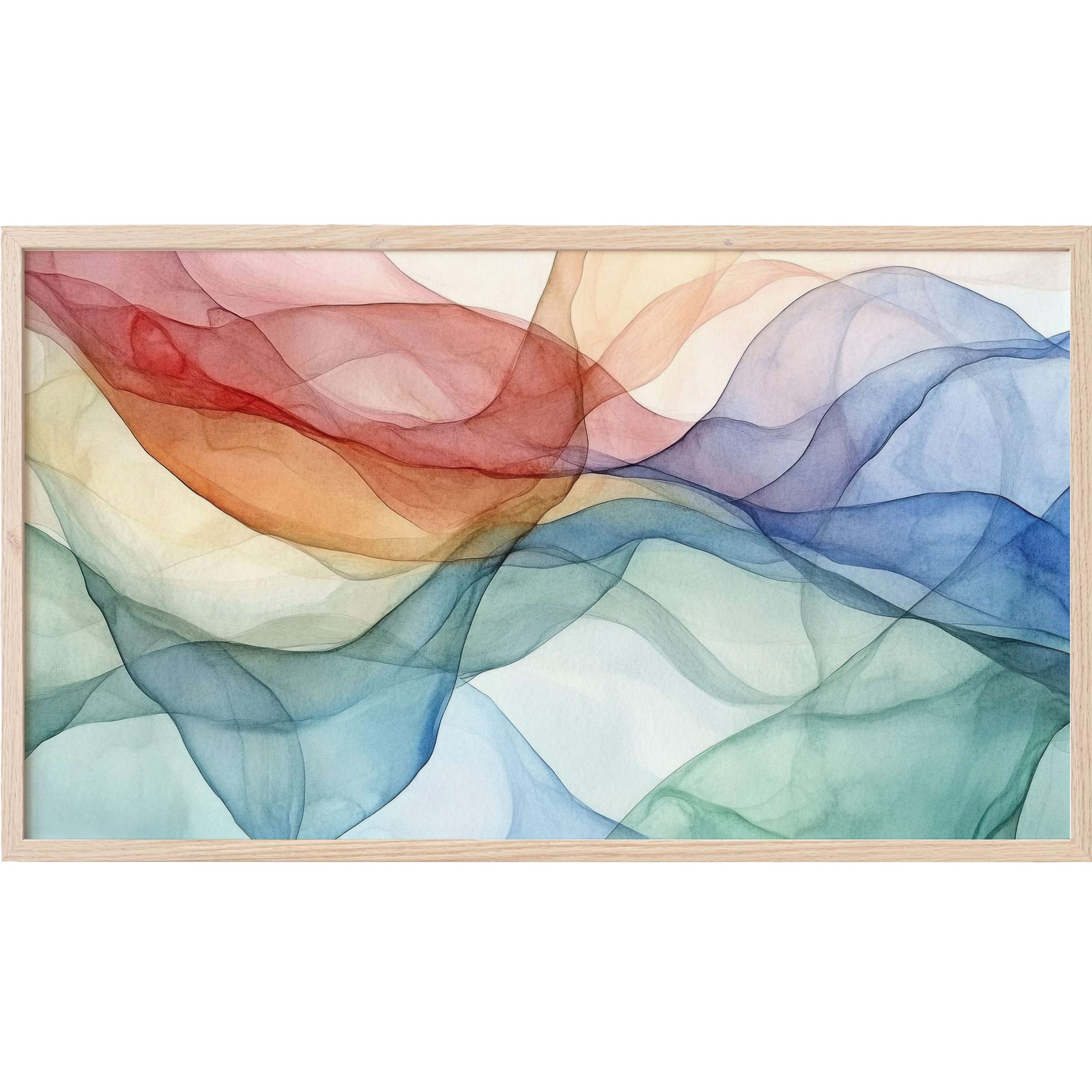Modern Frame TV Art with translucent waves in soft reds, blues, greens and beige, evoking serene, flowing elegance