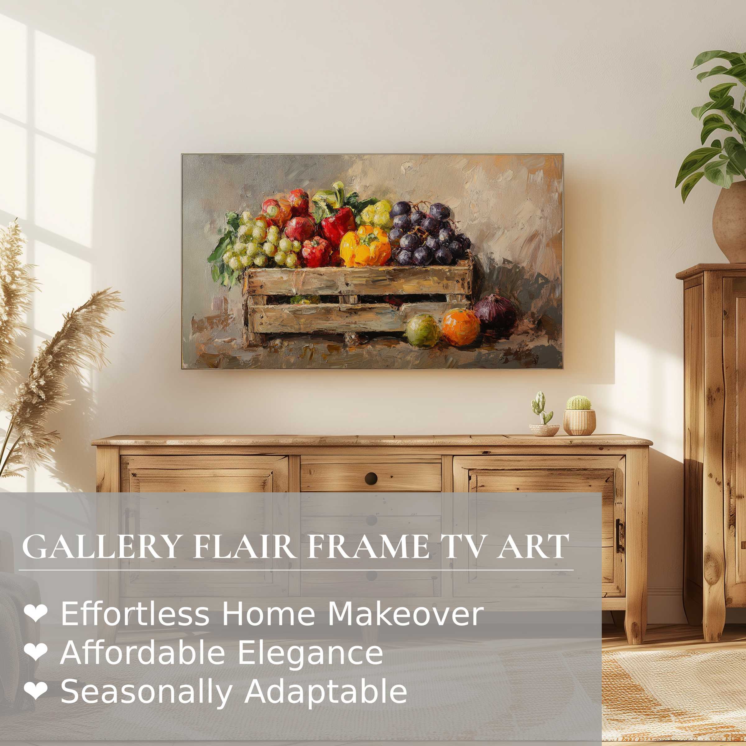 Elegant farmhouse digital artwork showcasing vibrant fruit on Samsung Frame TV in a warm, stylish home setting