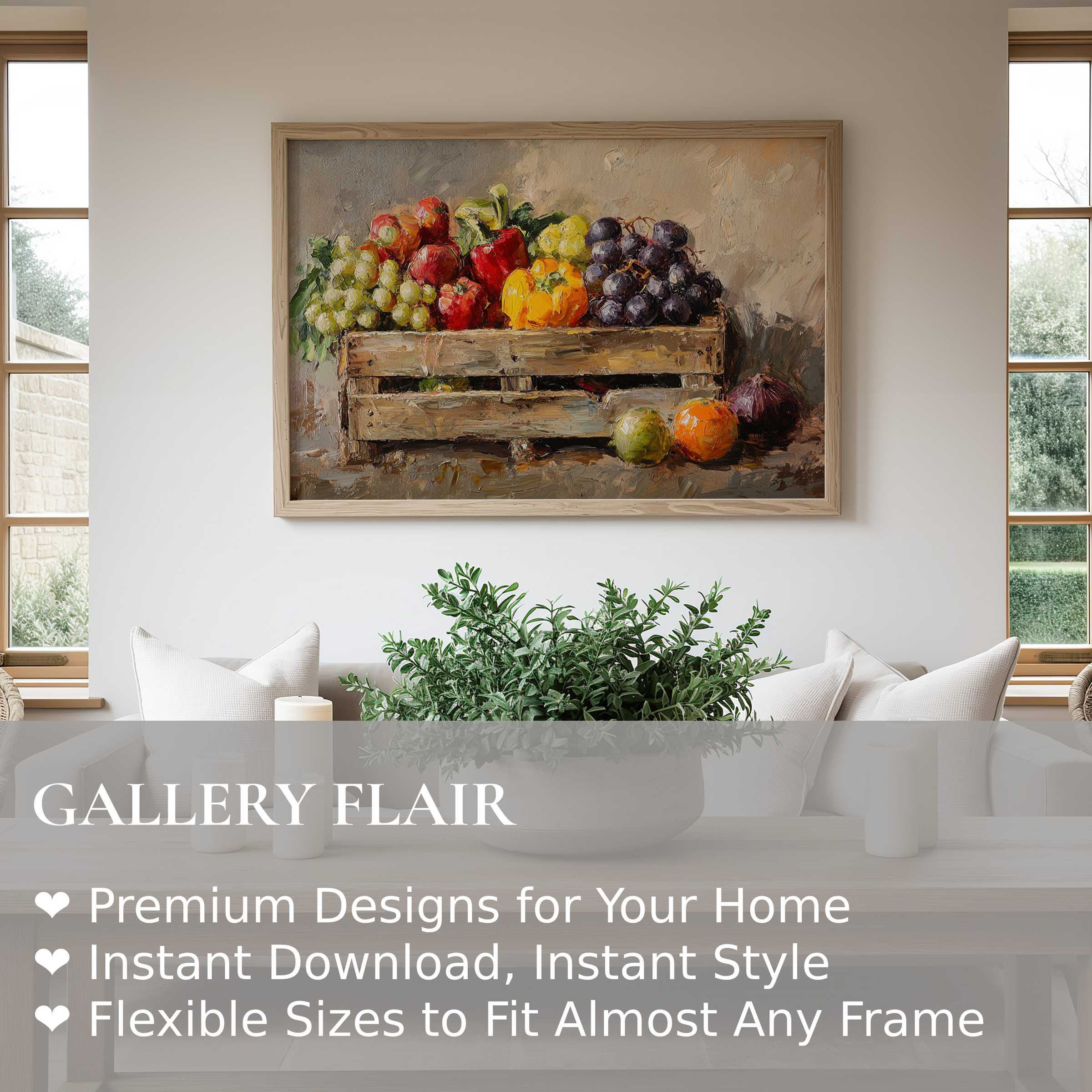 Farmhouse wall art print with vibrant fruit still life, adding rustic warmth and timeless charm to modern farmhouse interiors
