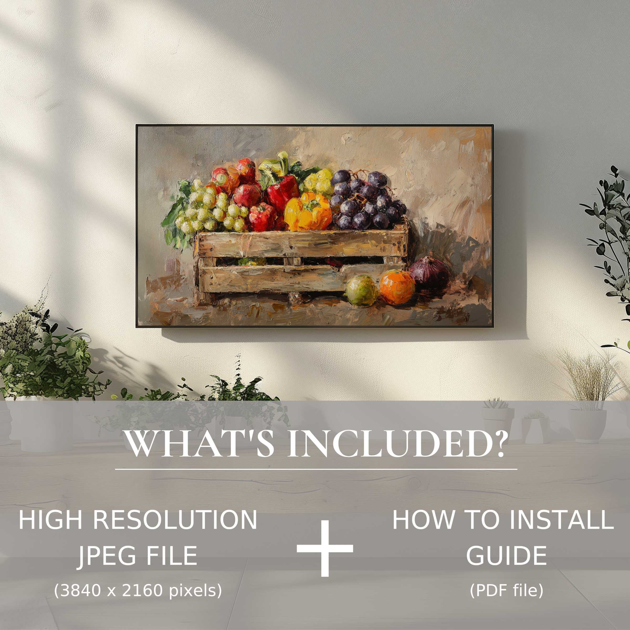 Elegant farmhouse digital TV art download showcasing vibrant fruit crate, enhancing living spaces with easy digital use