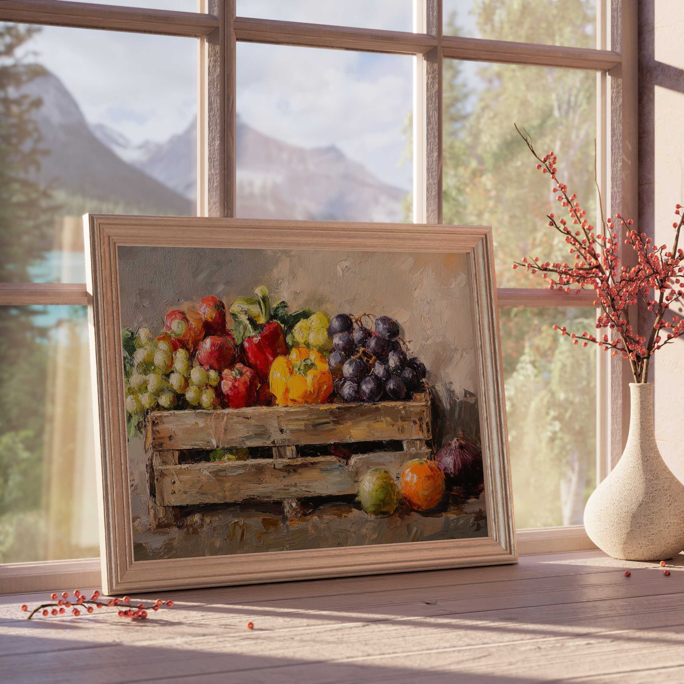 Farmhouse downloadable art of rustic fruit still life in warm light, enriching serene, curated interiors with timeless charm