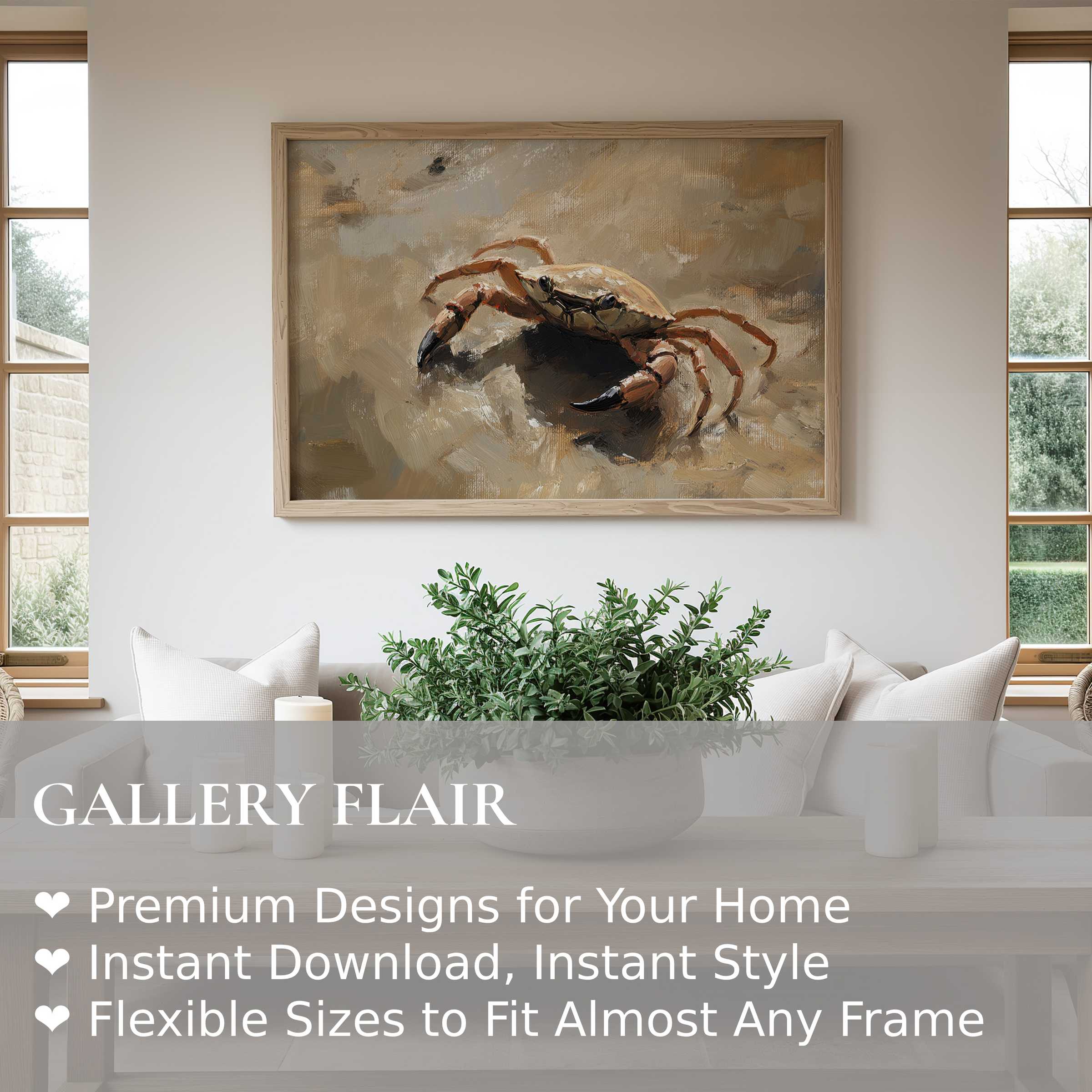 Beach wall art print featuring a textured crab in muted earth tones, radiating calm coastal elegance for modern, natural interiors