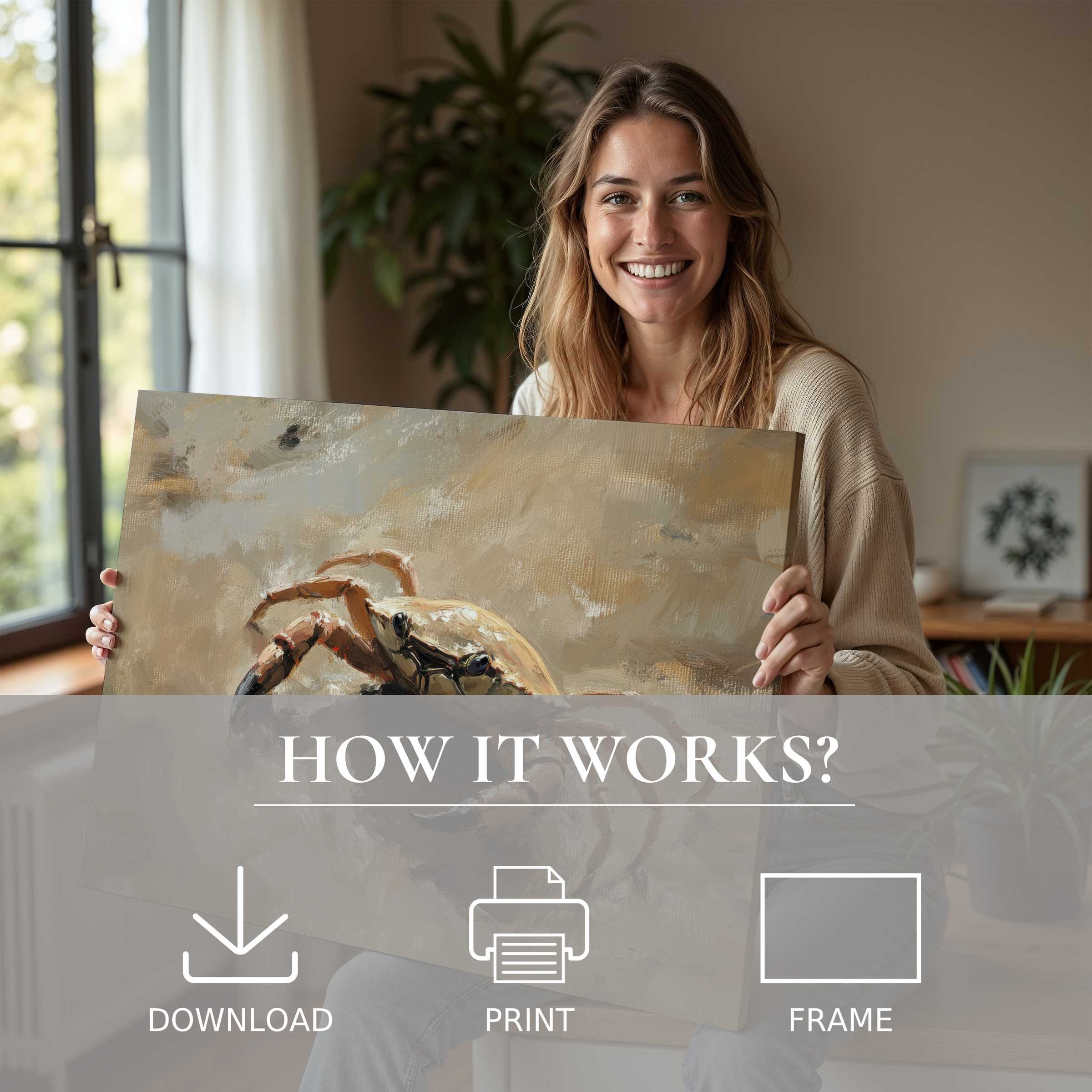 A serene moment of connection and joy as a woman embraces a beach digital art print, enriching her modern home with effortless elegance