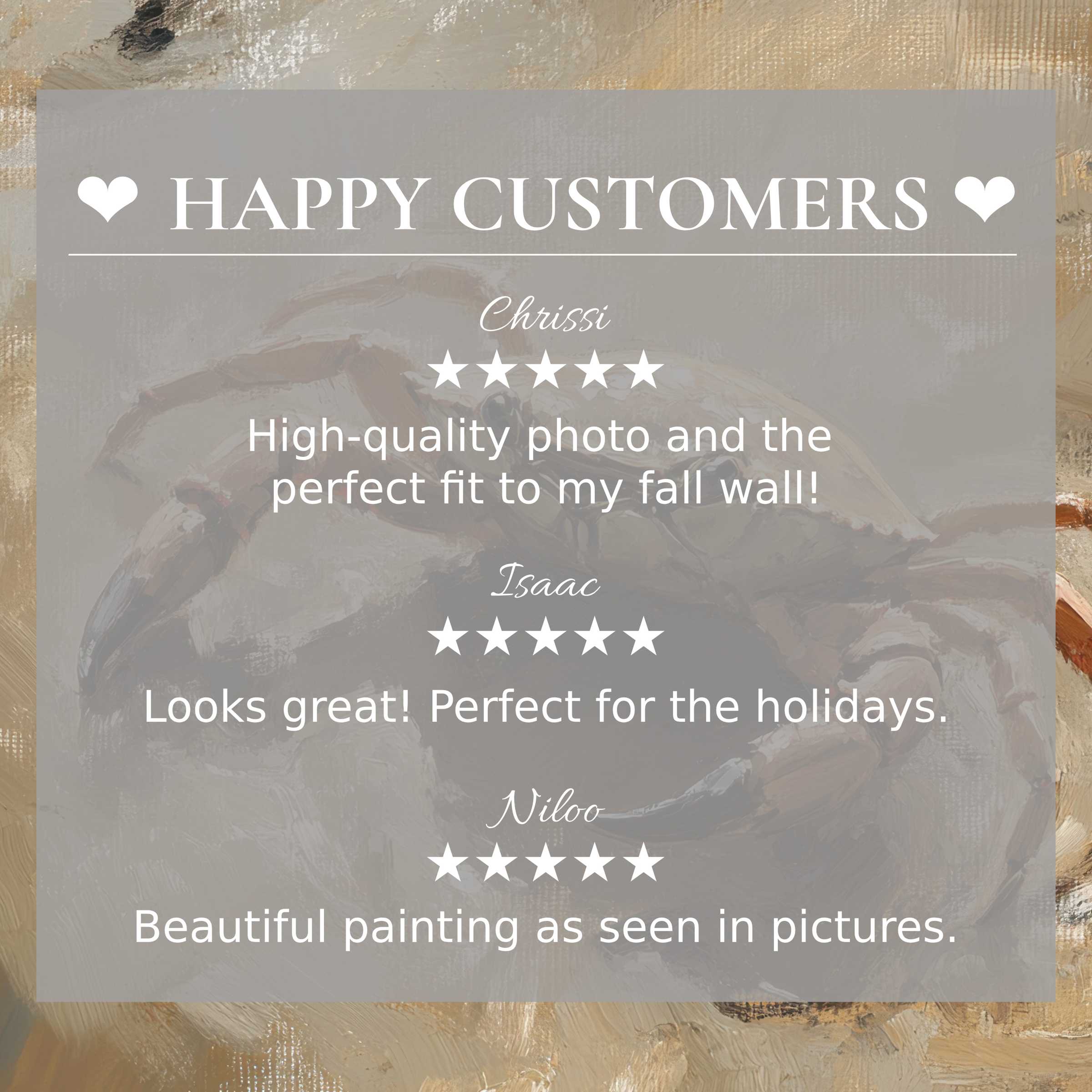 Beach art for Frame TV with elegant crab painting; layout builds trust showcasing happy customer reviews