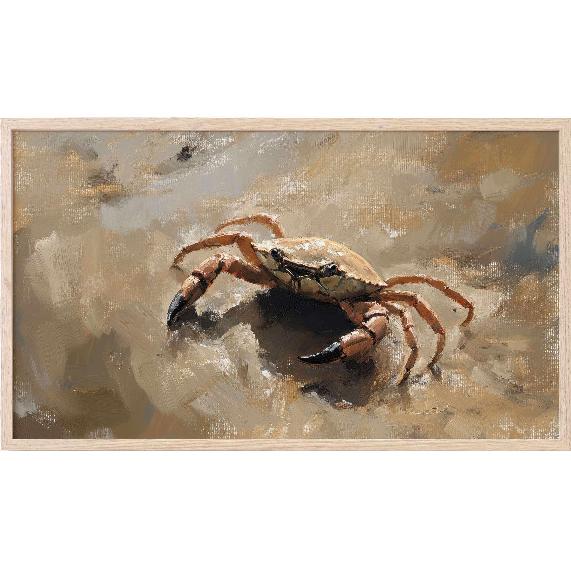Elegant crab portrait in soft beige and taupe brushstrokes with subtle texture, perfect beach Frame TV Art