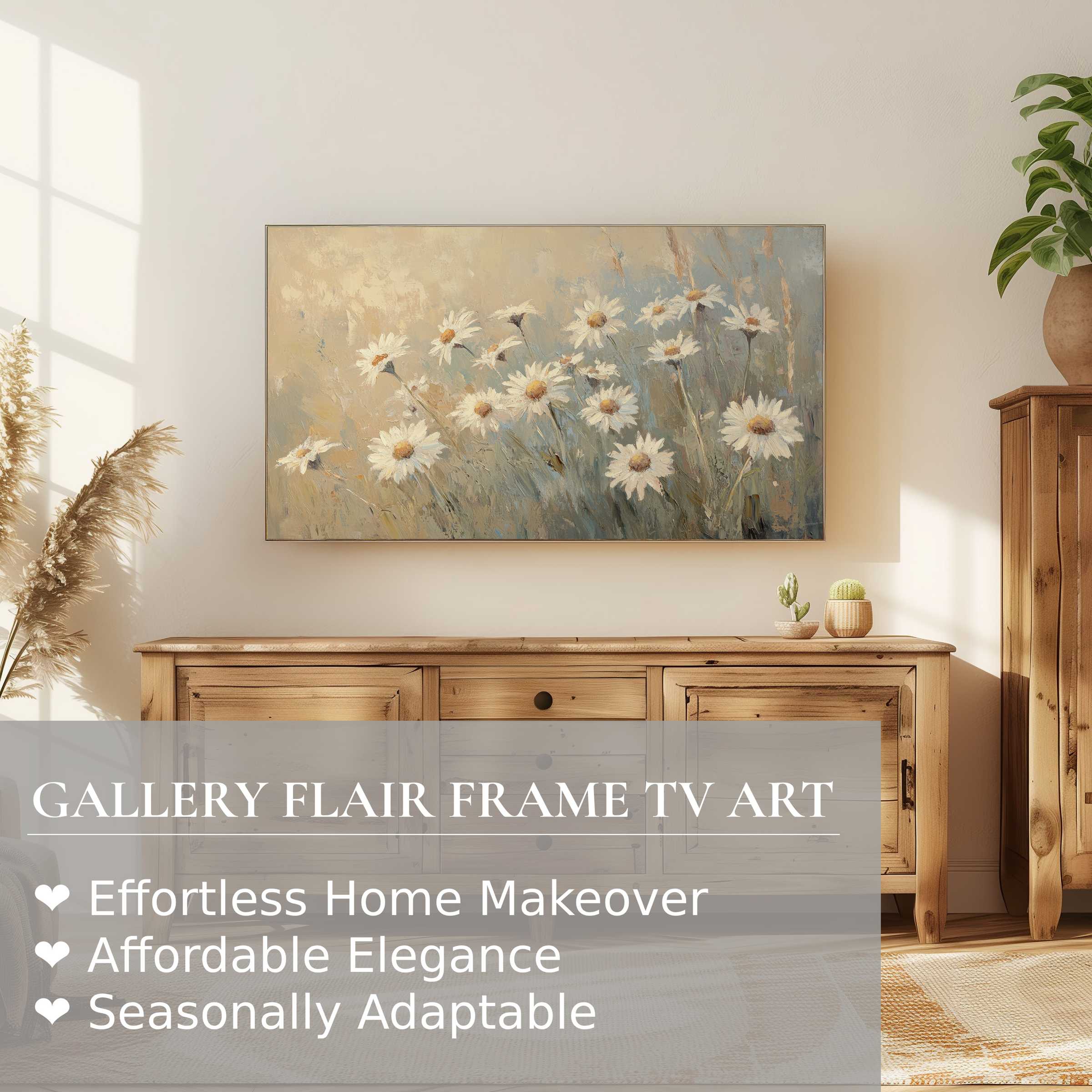 Samsung Frame TV displaying botanical digital artwork of daisies in soft, neutral tones, enhancing refined home decor