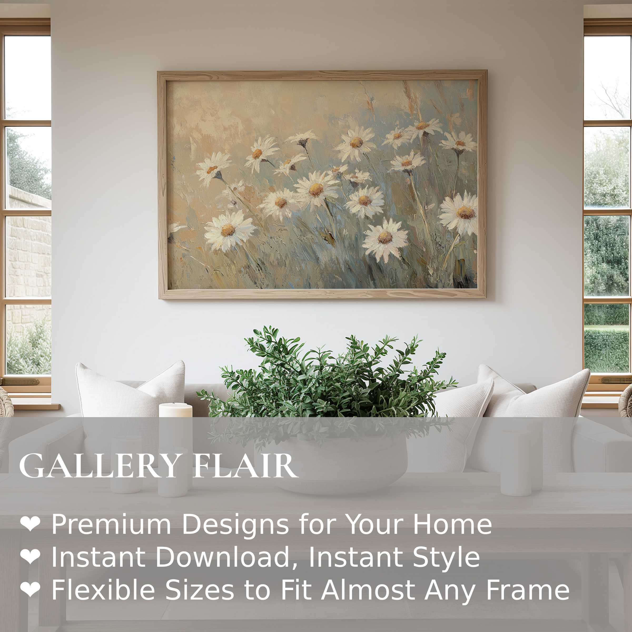 Botanical wall art print capturing soft daisies in muted earth tones, elevating modern minimalist interiors with calming natural elegance