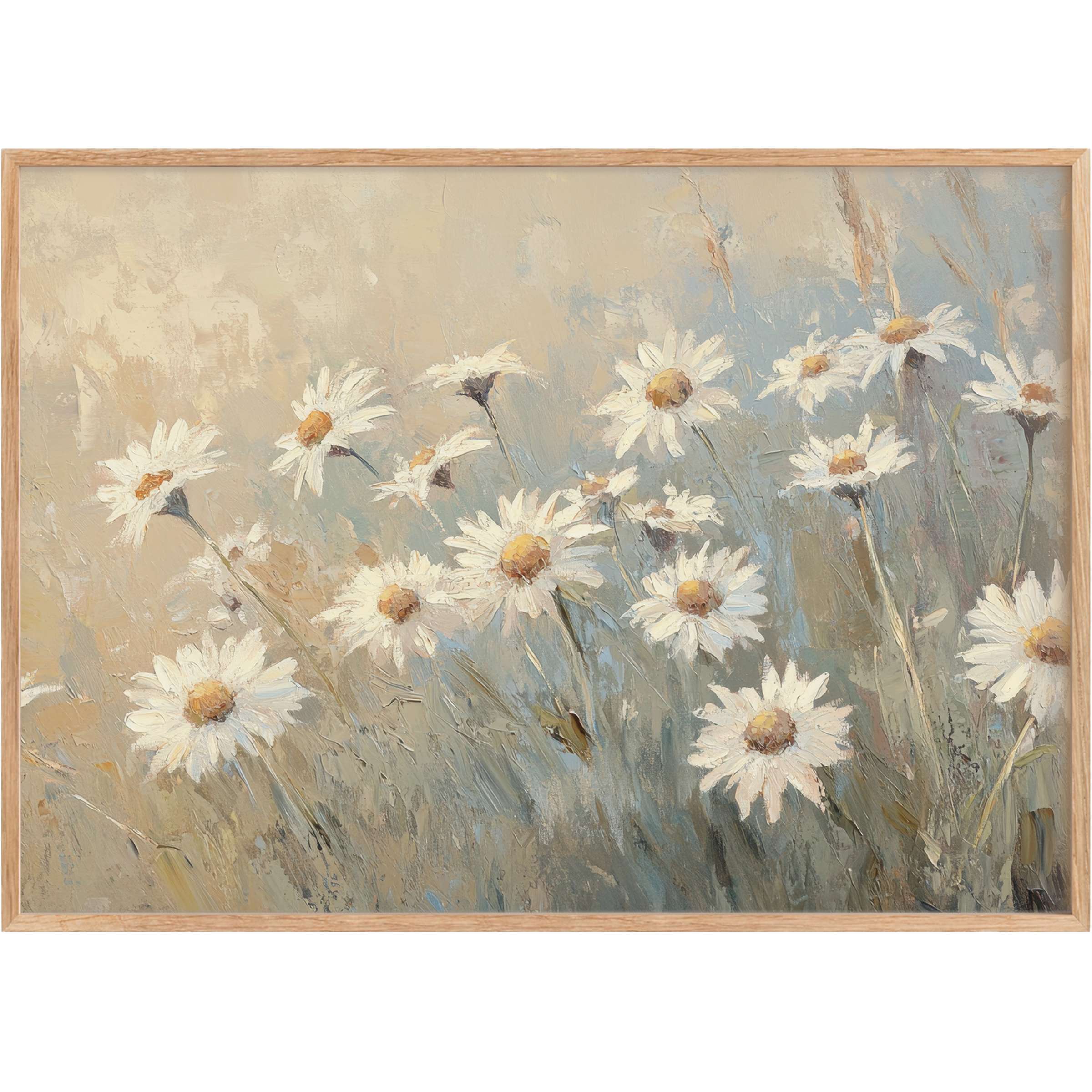 Botanical printable wall art capturing delicate daisies in soft ivory and muted blue tones, evoking a serene, airy ambiance
