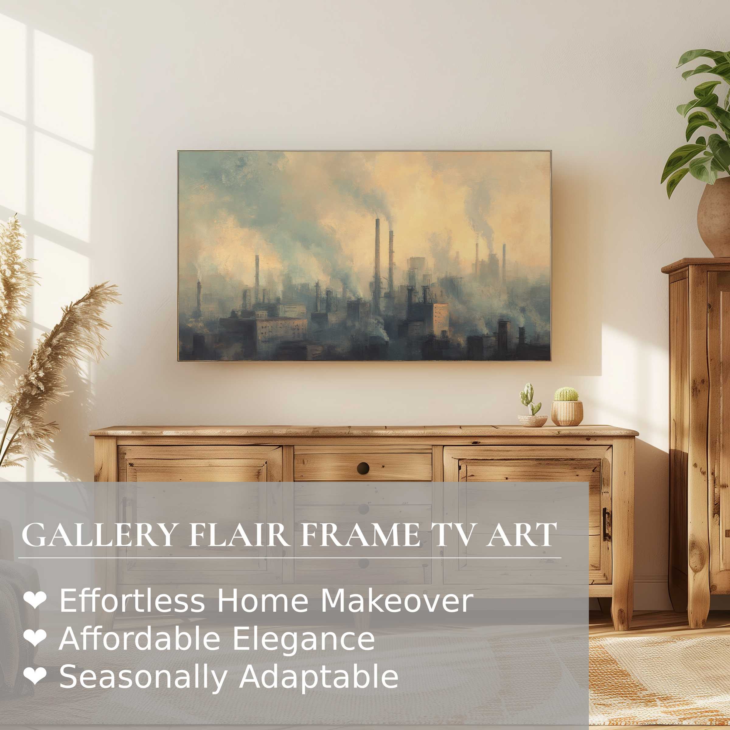 Samsung Frame TV displaying urban digital artwork of a misty industrial skyline in a serene modern setting