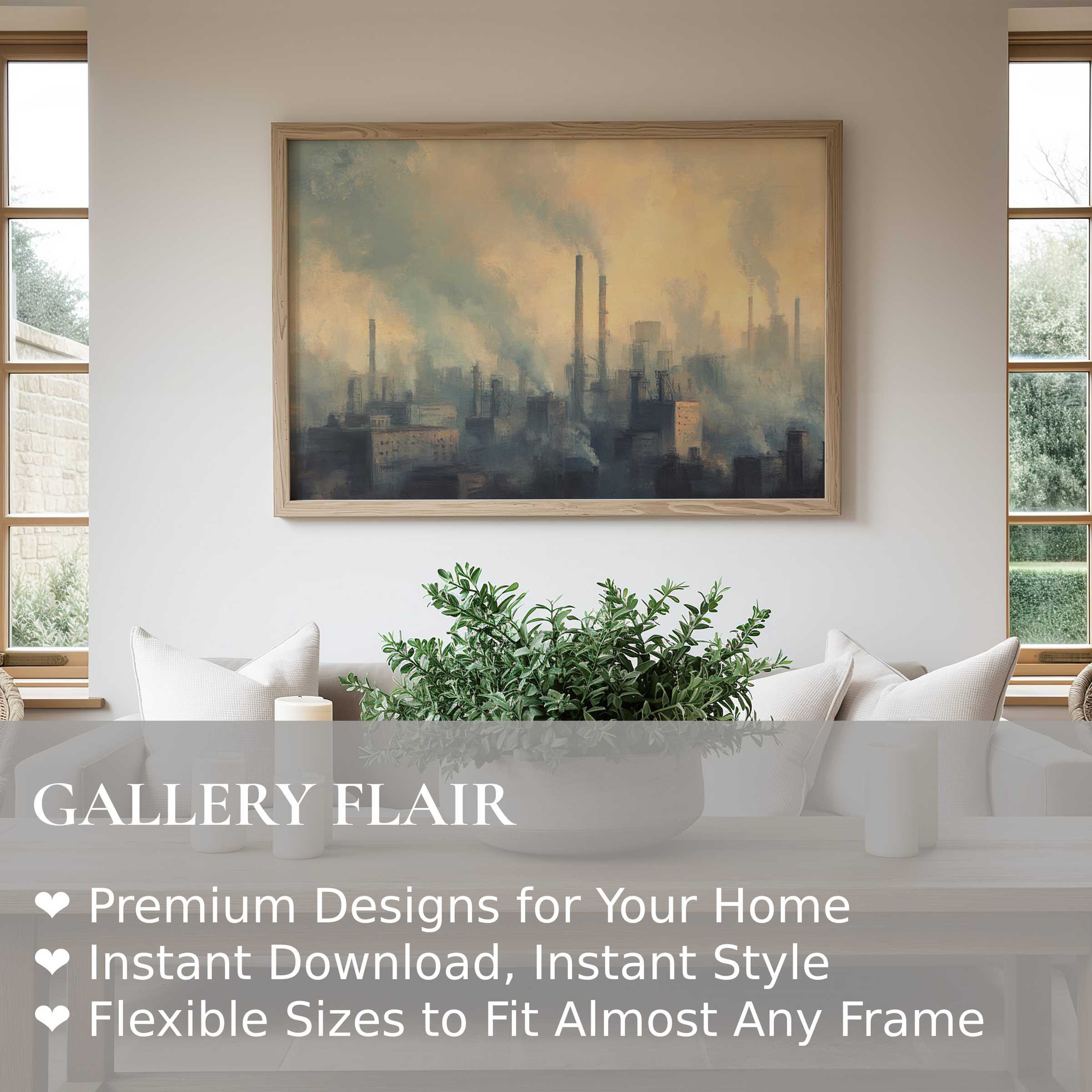 Urban art wall art print capturing a moody industrial skyline in soft, muted tones, enriching modern minimalist interiors with evocative, atmospheric depth