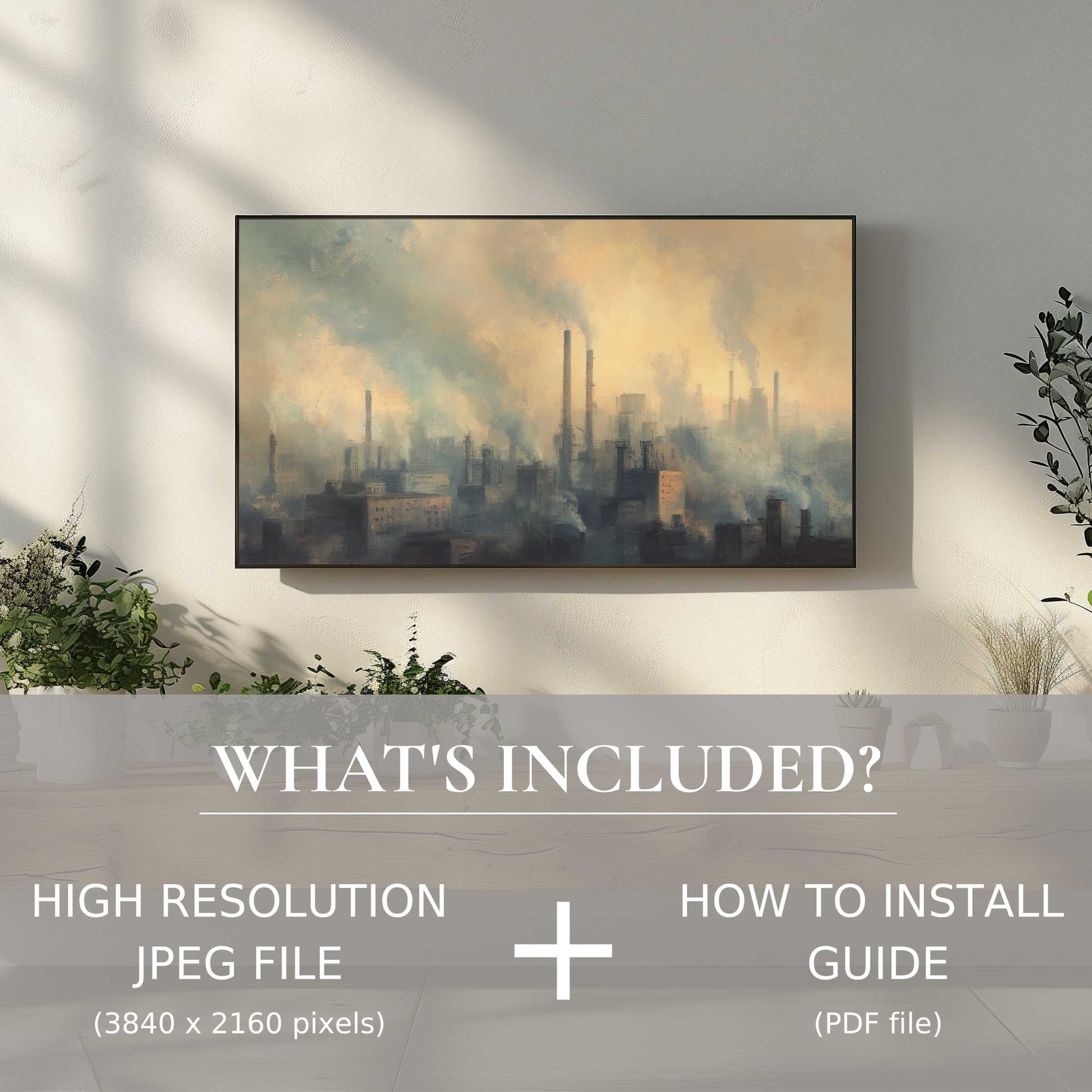 Elegant urban digital TV art download elevates living spaces with easy digital use and striking cityscape ambiance