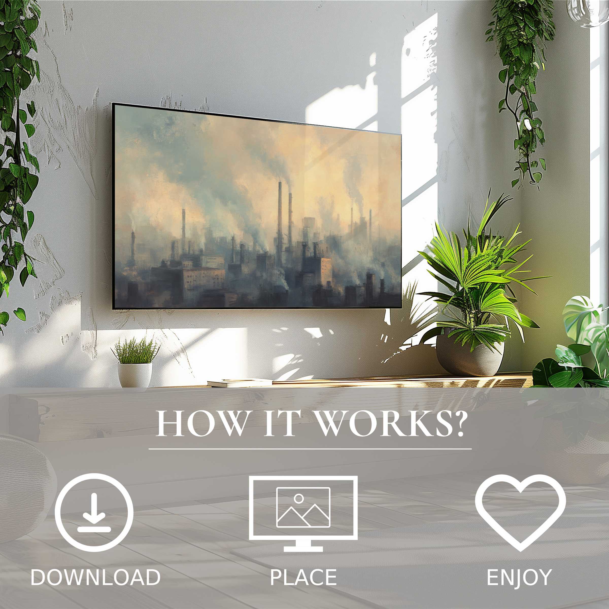 Urban art for Samsung TV with smoky cityscape motif, easy digital download enriches modern, plant-filled living spaces
