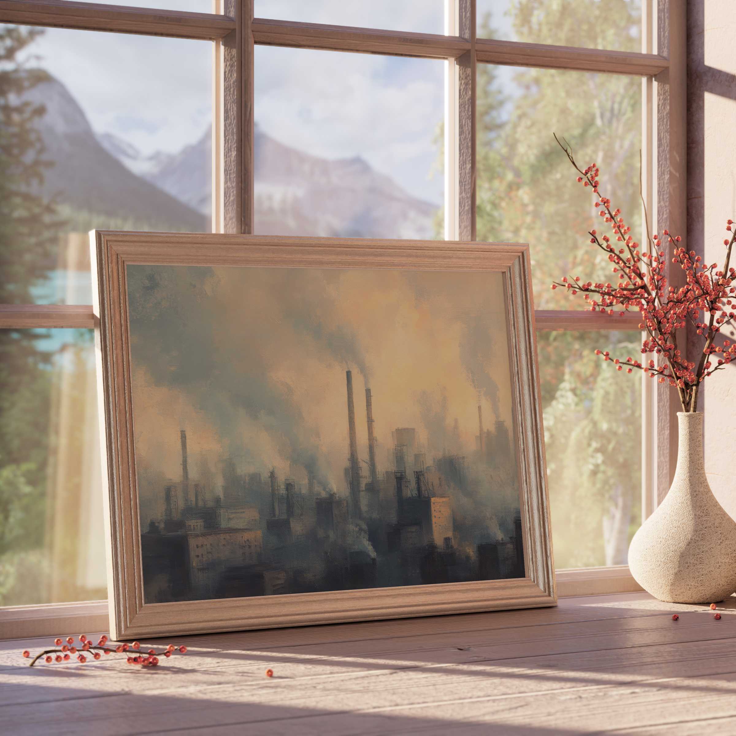 Urban downloadable art capturing an industrial skyline in muted tones, enhancing curated, tranquil modern interiors
