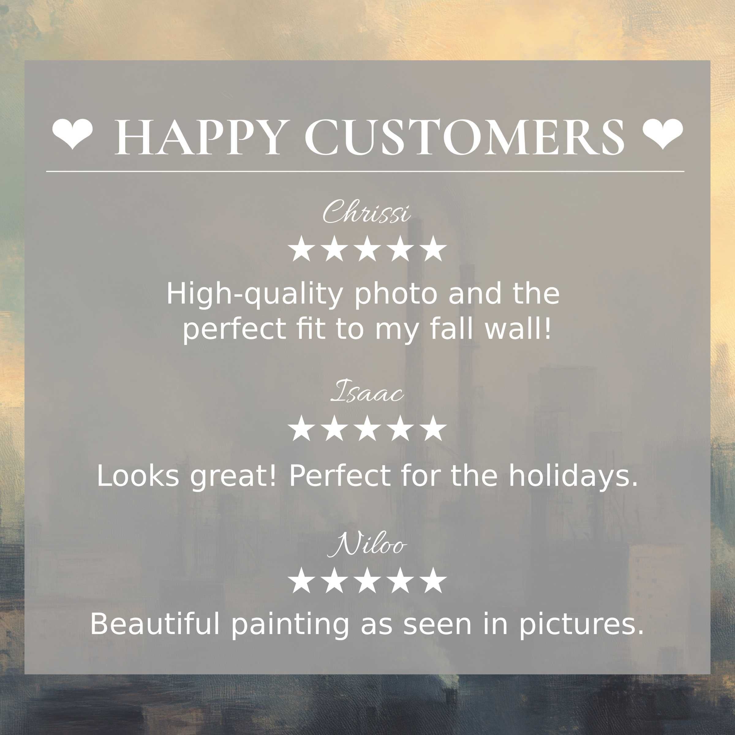 Urban art for Frame TV with abstract sunset hues, showcasing happy customer reviews and refined, elegant style