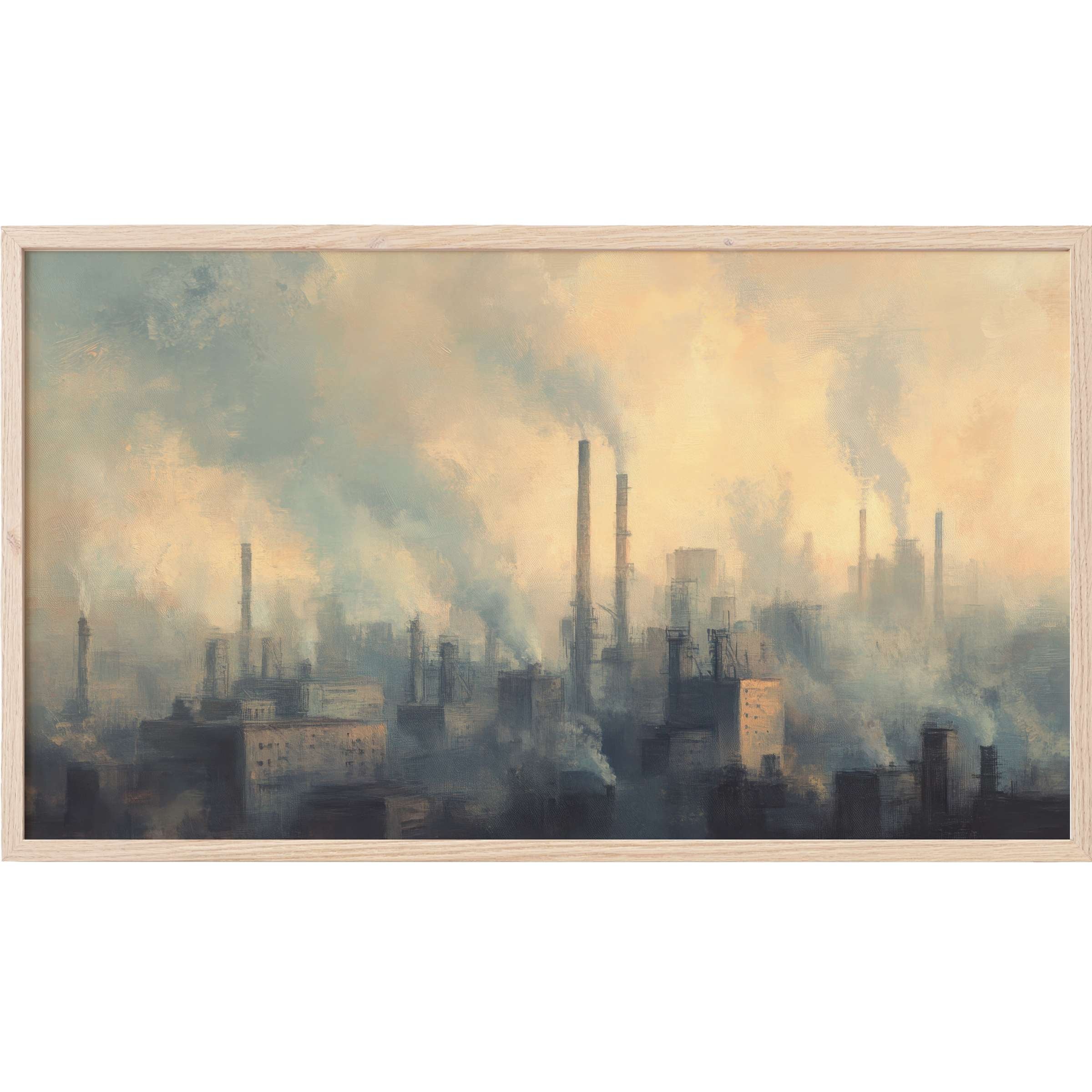 Urban industrial skyline in muted greys and soft golds, evoking mood and depth - urban Frame TV Art