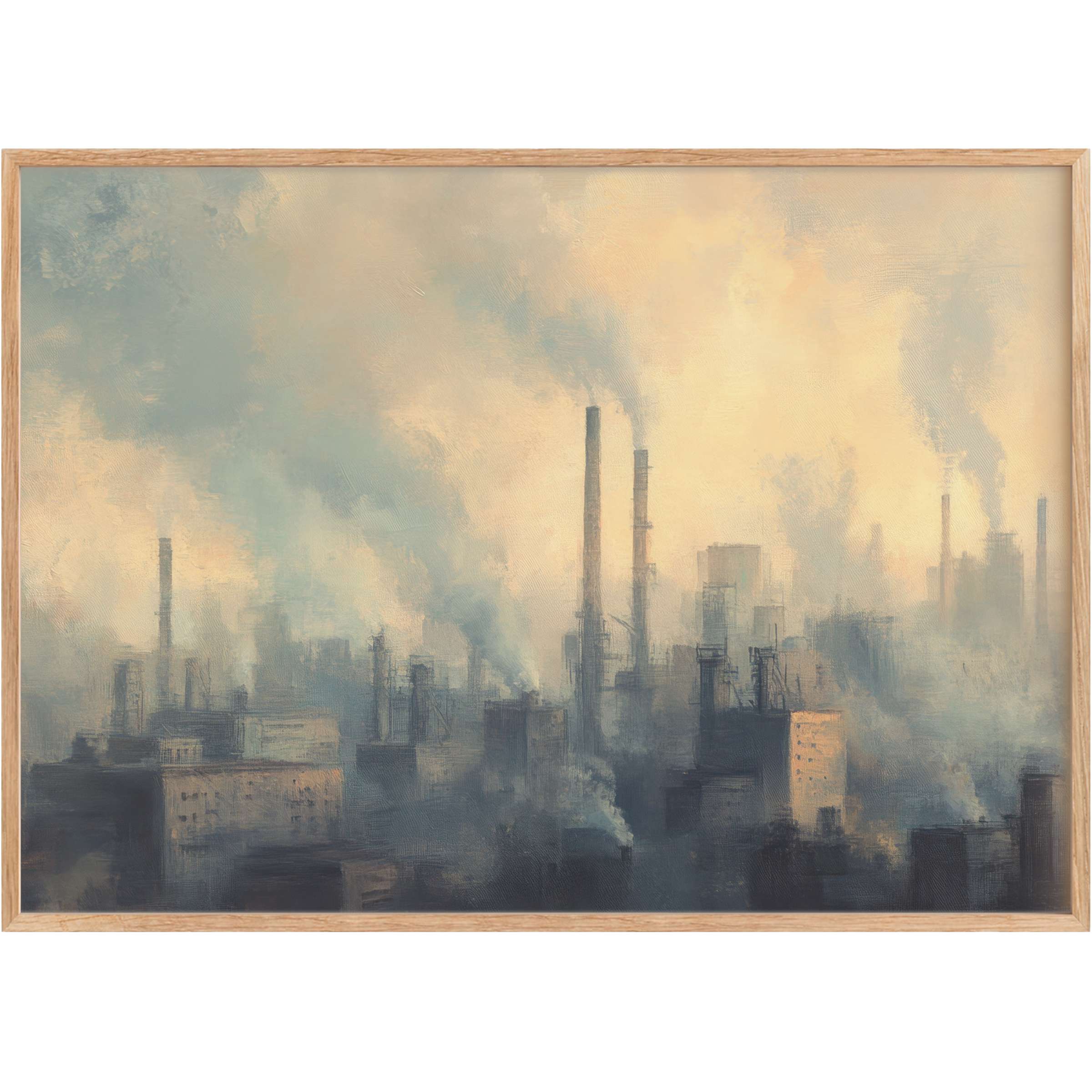 Moody urban printable wall art envelops an industrial skyline in soft grays and warm beige, evoking contemplative, timeless elegance