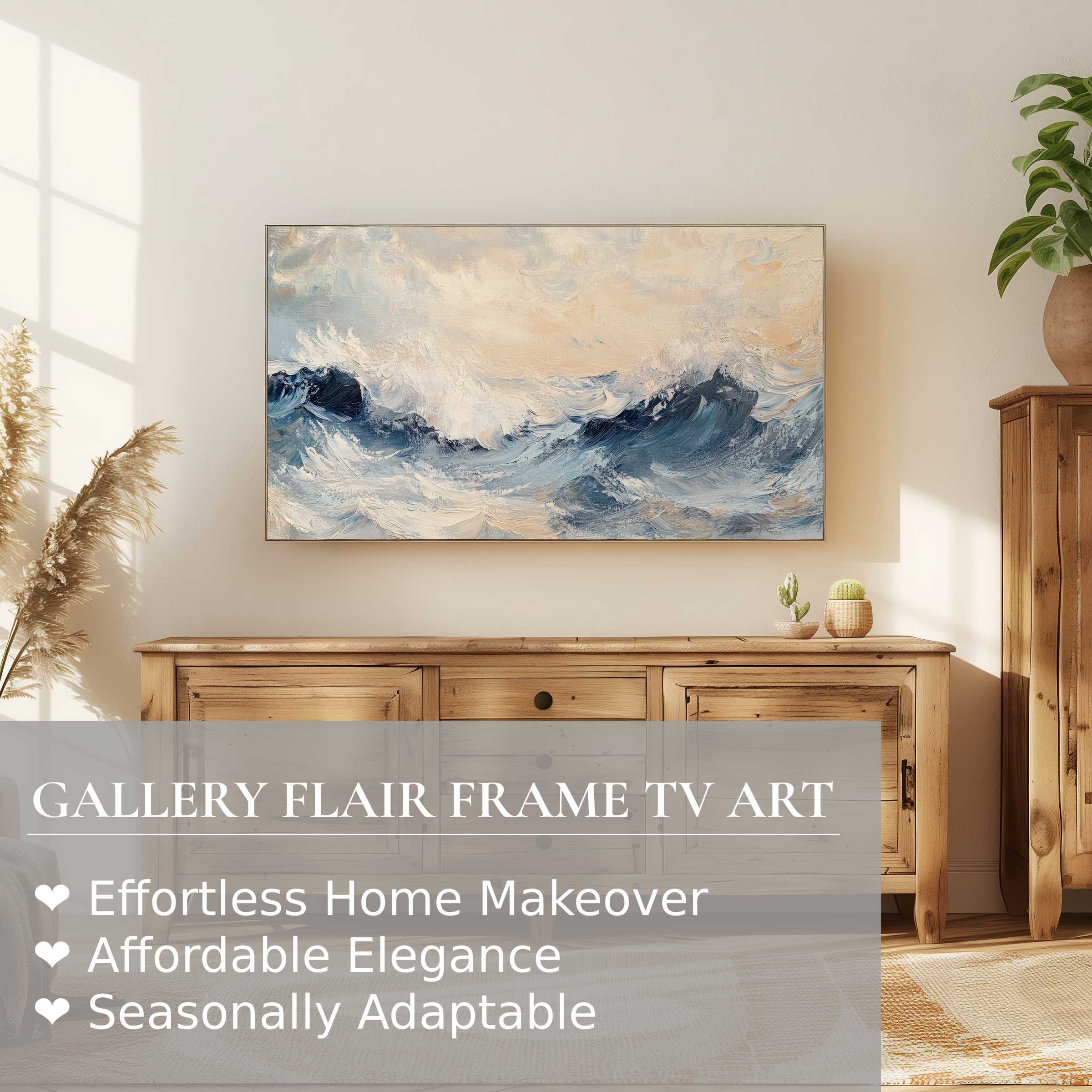 Samsung Frame TV displays serene coastal digital artwork in a modern, sunlit living room with natural wood accents