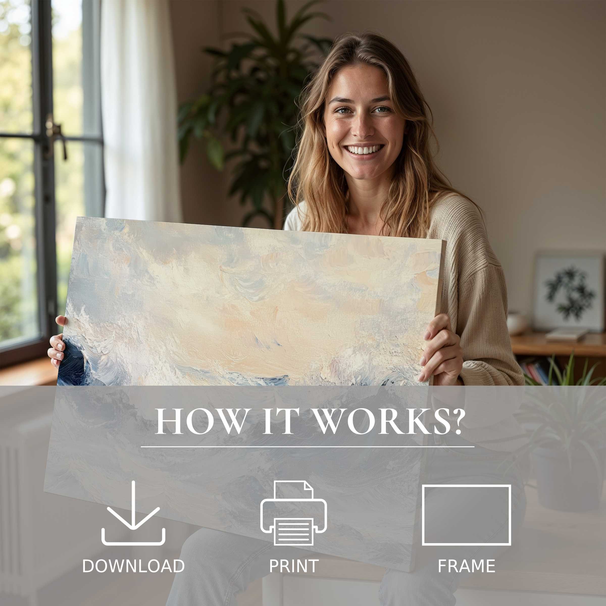Radiant joy illuminates a modern home as a woman revels in the serene embrace of a coastal digital art print