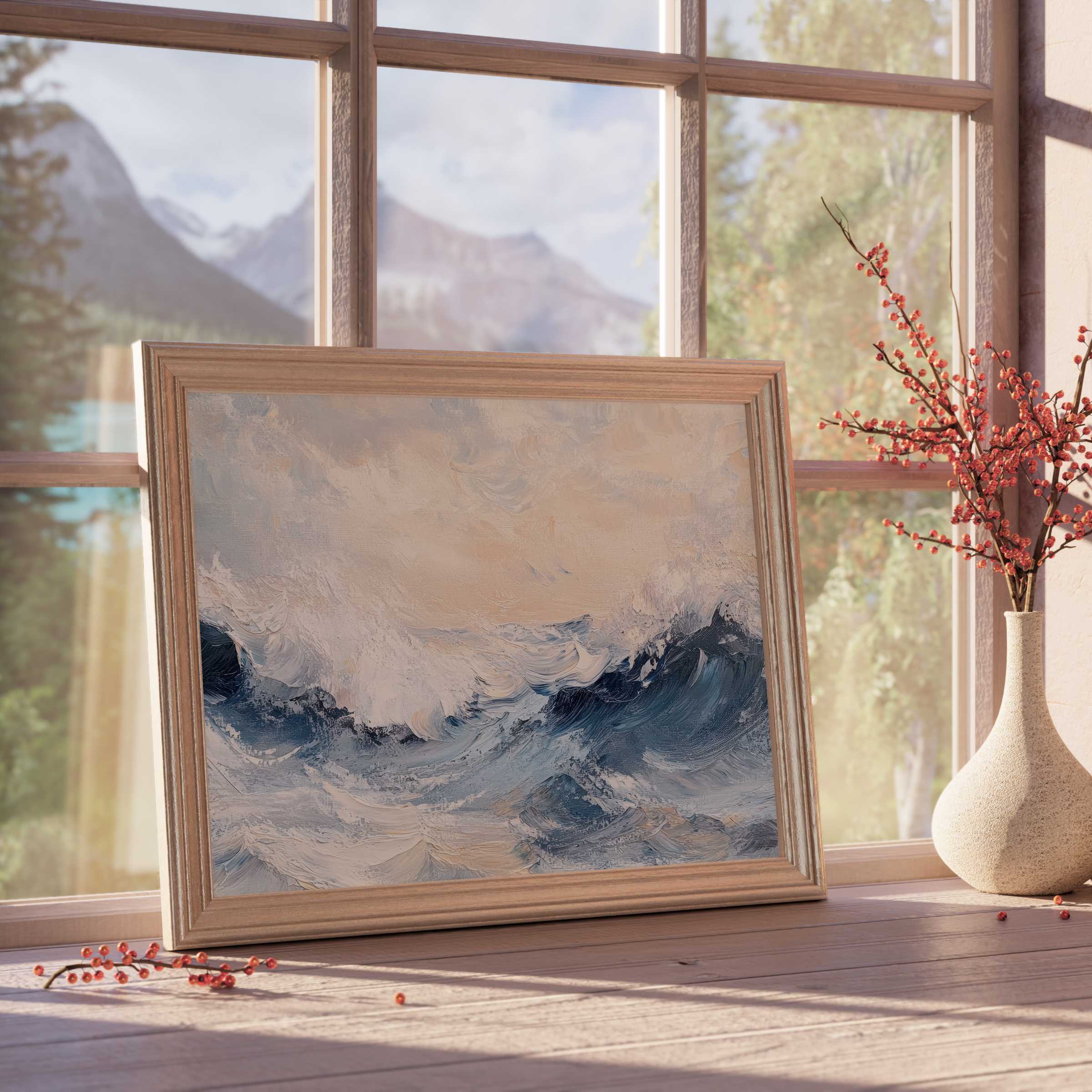Coastal downloadable art capturing dynamic ocean waves in soothing blues and creams, elevating curated, tranquil interiors